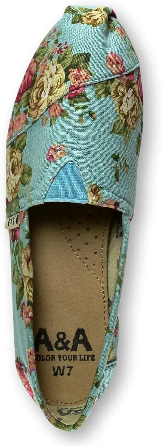 A&A Vegan Women's Floral Black Slip-on Casual Flats Canvas Shoes Alpargatas (Romantic)