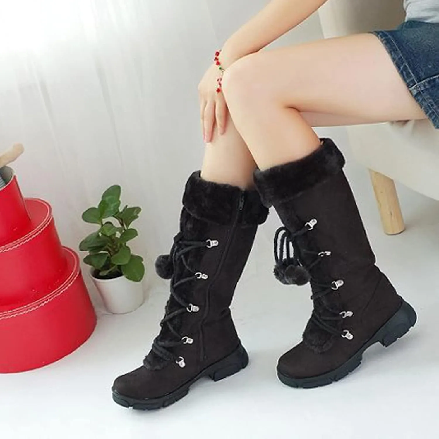 AMDBEL Boots for Women Fashion Dressy, Knee High Boots Women Warm Snow Boots Round Toe Zipper Shoes Heels Hairball Boots