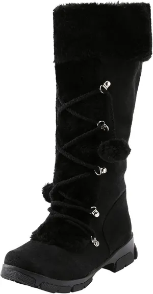 AMDBEL Boots for Women Fashion Dressy, Knee High Boots Women Warm Snow Boots Round Toe Zipper Shoes Heels Hairball Boots