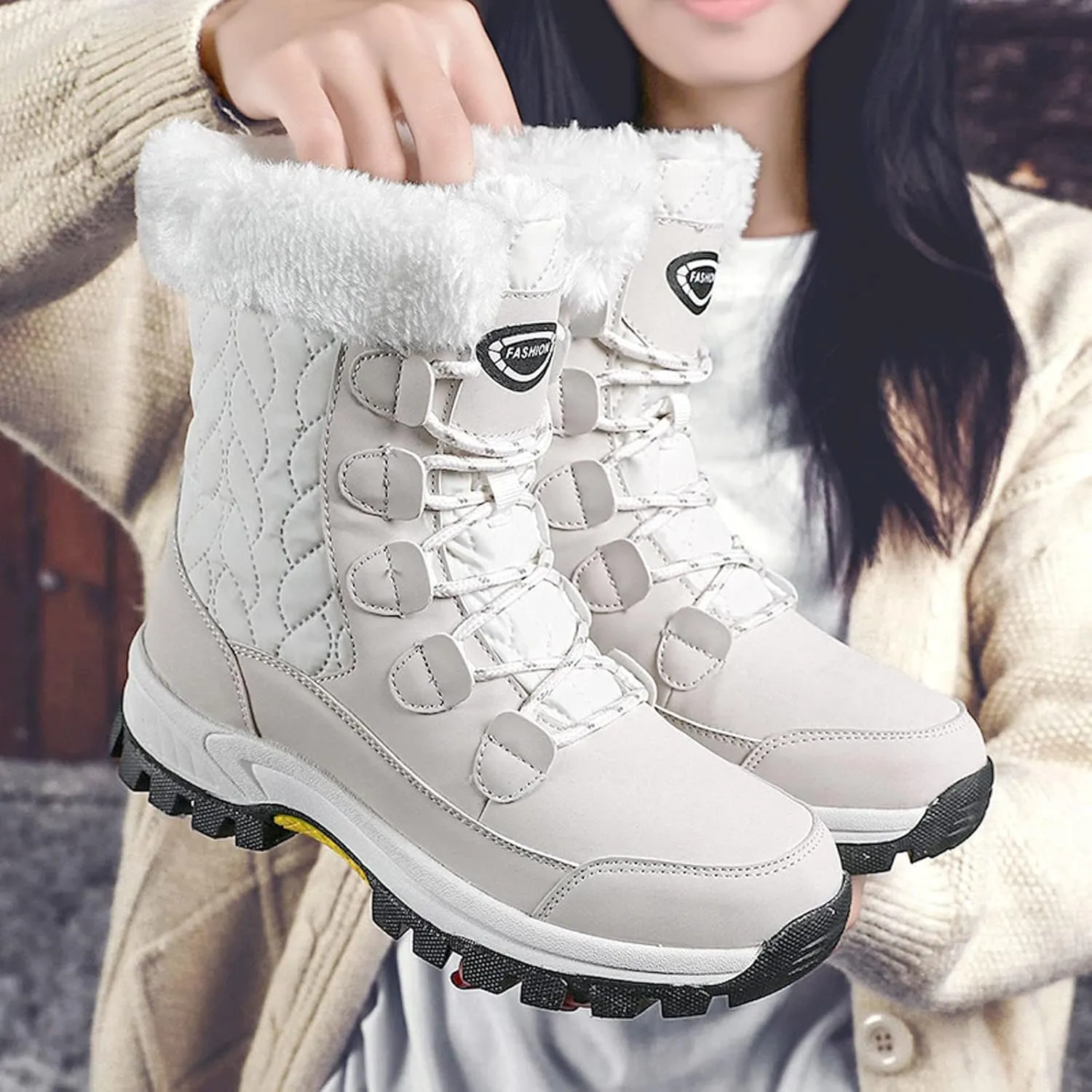 Ankle Boots for Women Comfy Warm Round Toe Leather Waterproof Lace Up Flat Heel Snow Boots Women's Long Boots
