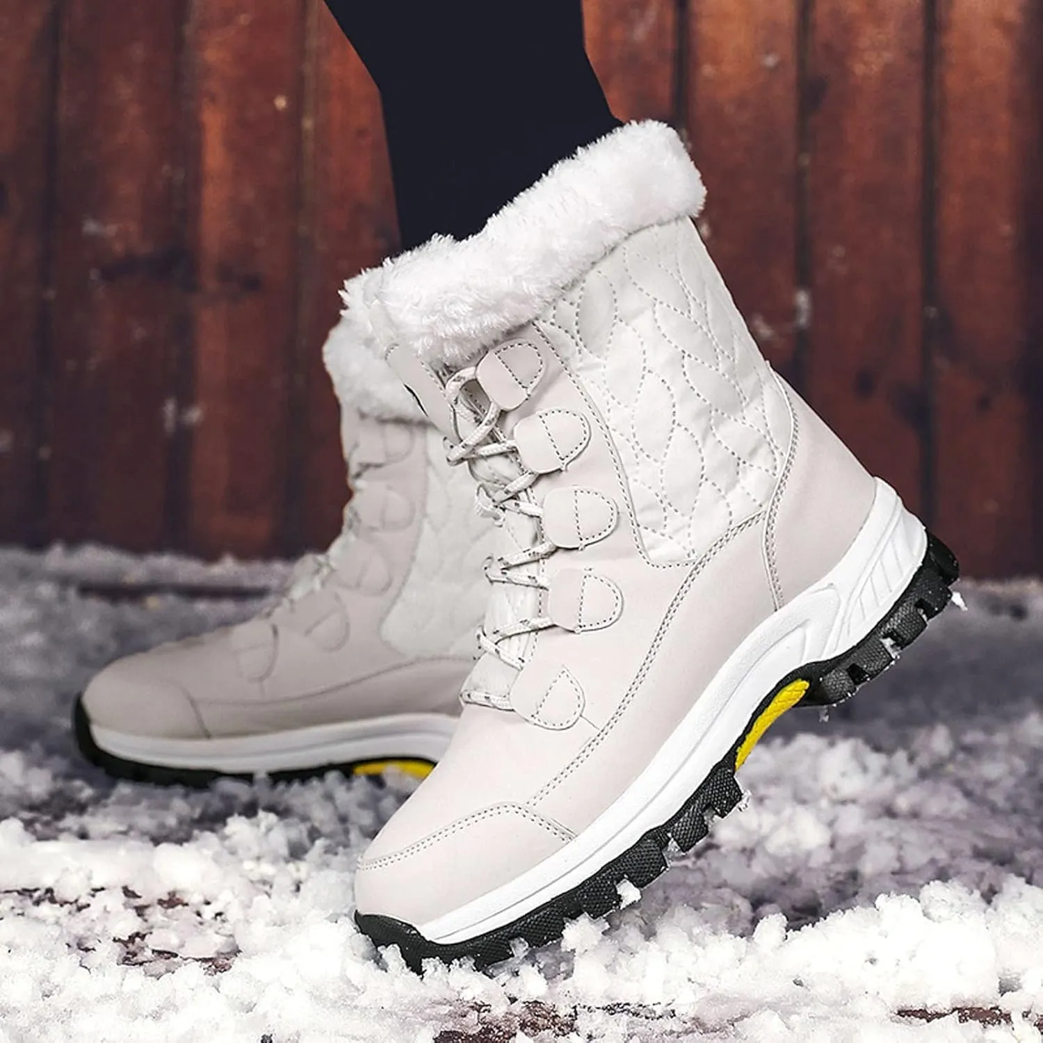 Ankle Boots for Women Comfy Warm Round Toe Leather Waterproof Lace Up Flat Heel Snow Boots Women's Long Boots
