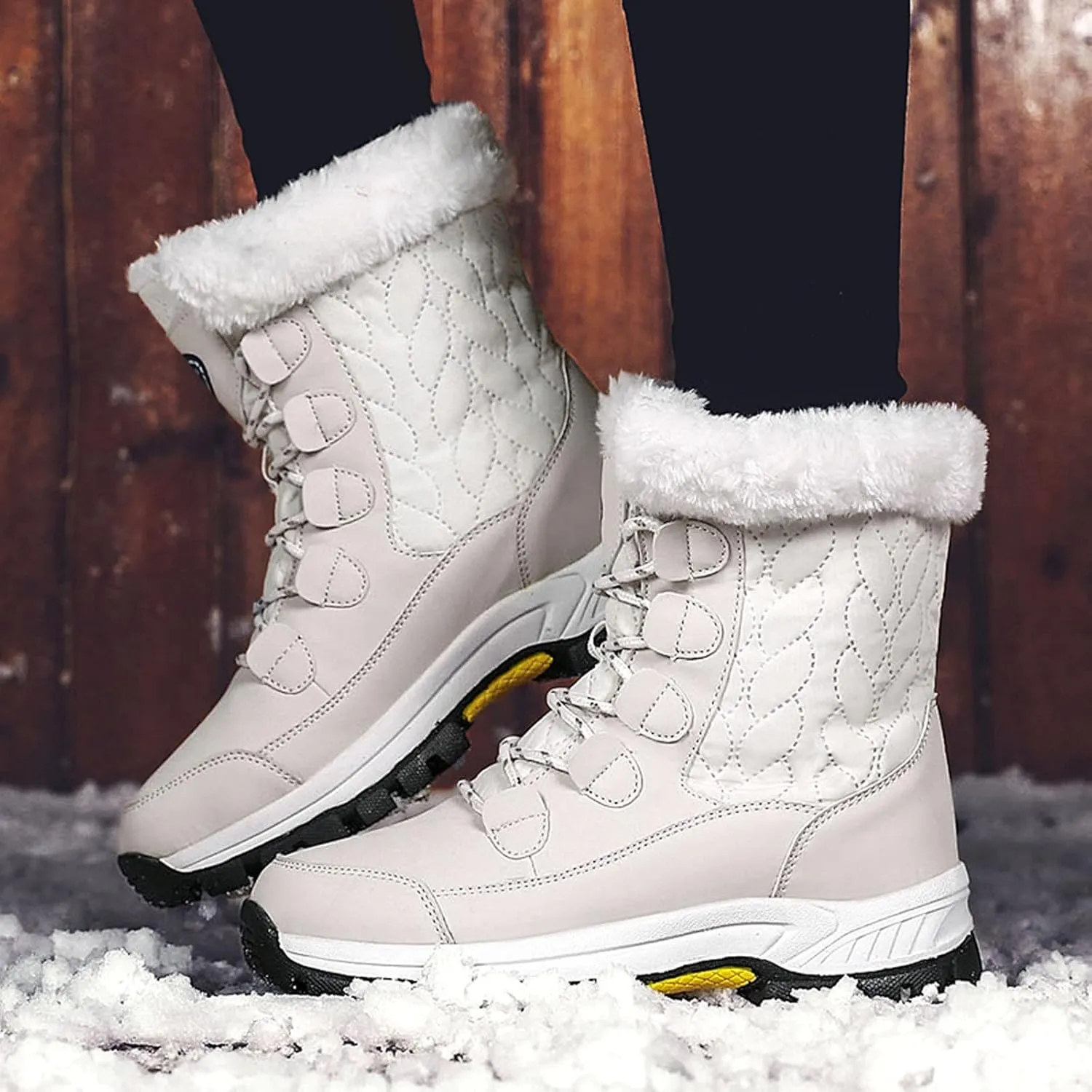 Ankle Boots for Women Comfy Warm Round Toe Leather Waterproof Lace Up Flat Heel Snow Boots Women's Long Boots