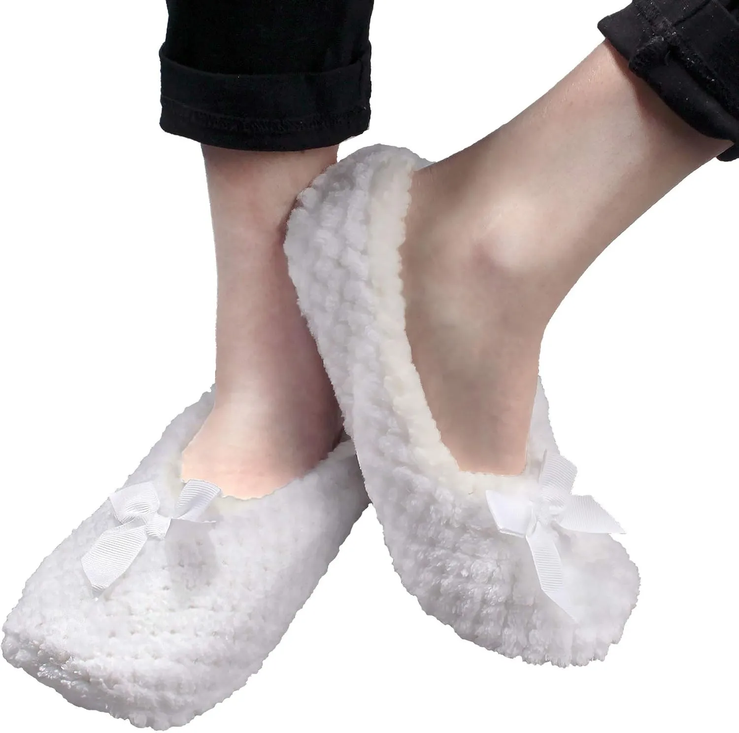 BambooMN Soft Touch Warm Cozy Fuzzy Non-Slip Lined Slip-On Slippers Socks for Adult Women, Indoor Travel House Slippers, 3 Pairs