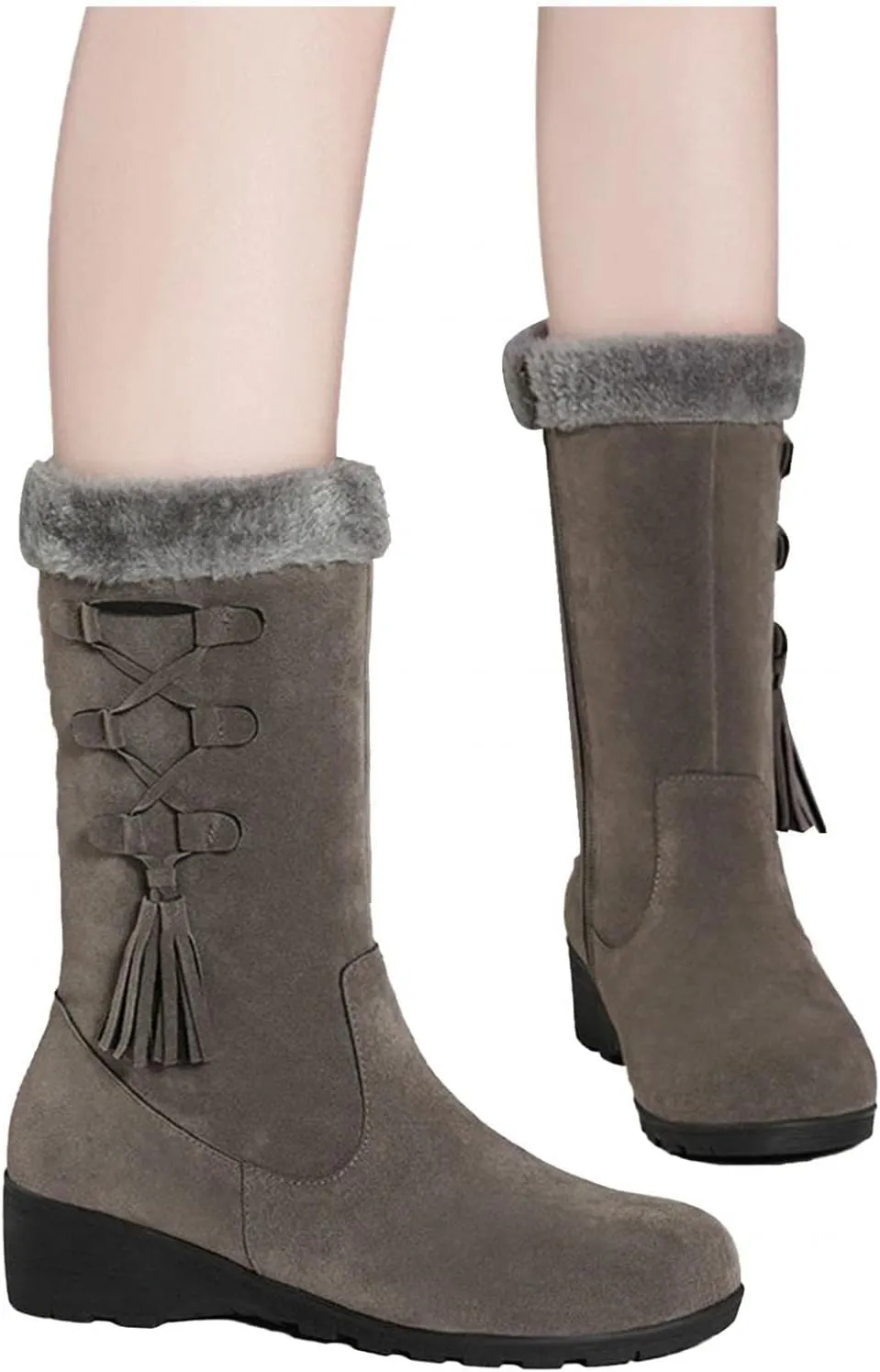 Bcshiye Women's Mid Calf Fashion Winter Snow Boots Outdoor Suede Slouch Combat Riding Boots with Fur Lined Collar