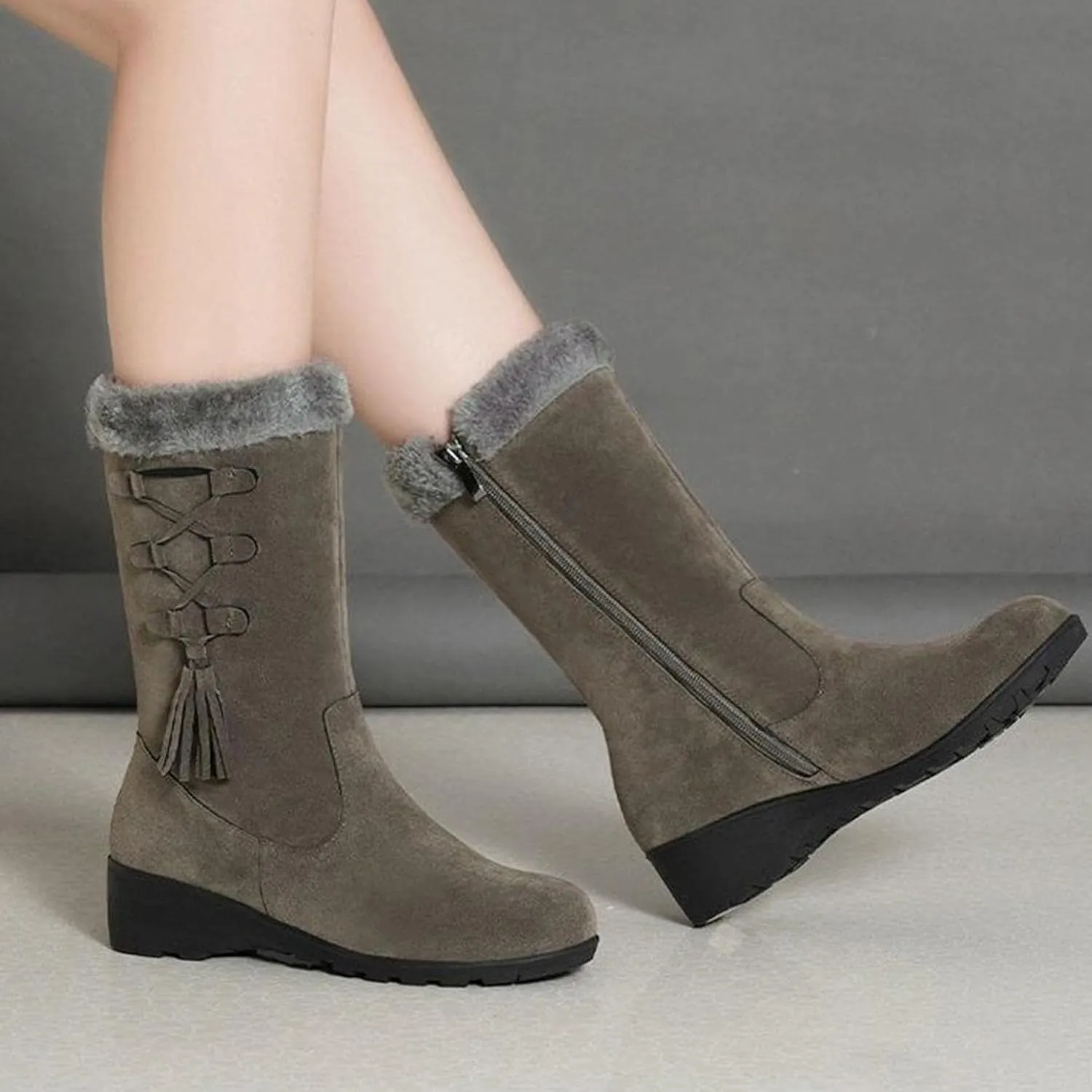 Bcshiye Women's Mid Calf Fashion Winter Snow Boots Outdoor Suede Slouch Combat Riding Boots with Fur Lined Collar