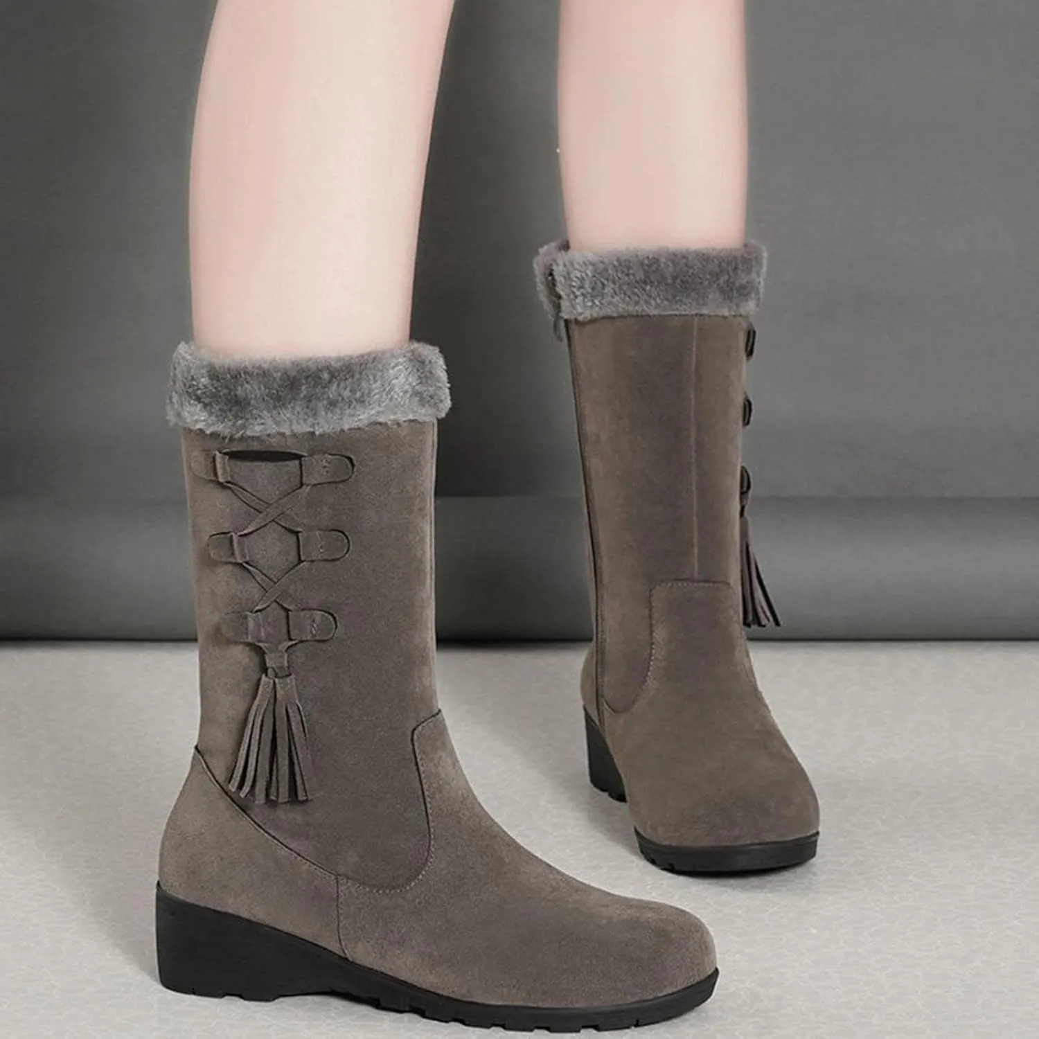 Bcshiye Women's Mid Calf Fashion Winter Snow Boots Outdoor Suede Slouch Combat Riding Boots with Fur Lined Collar