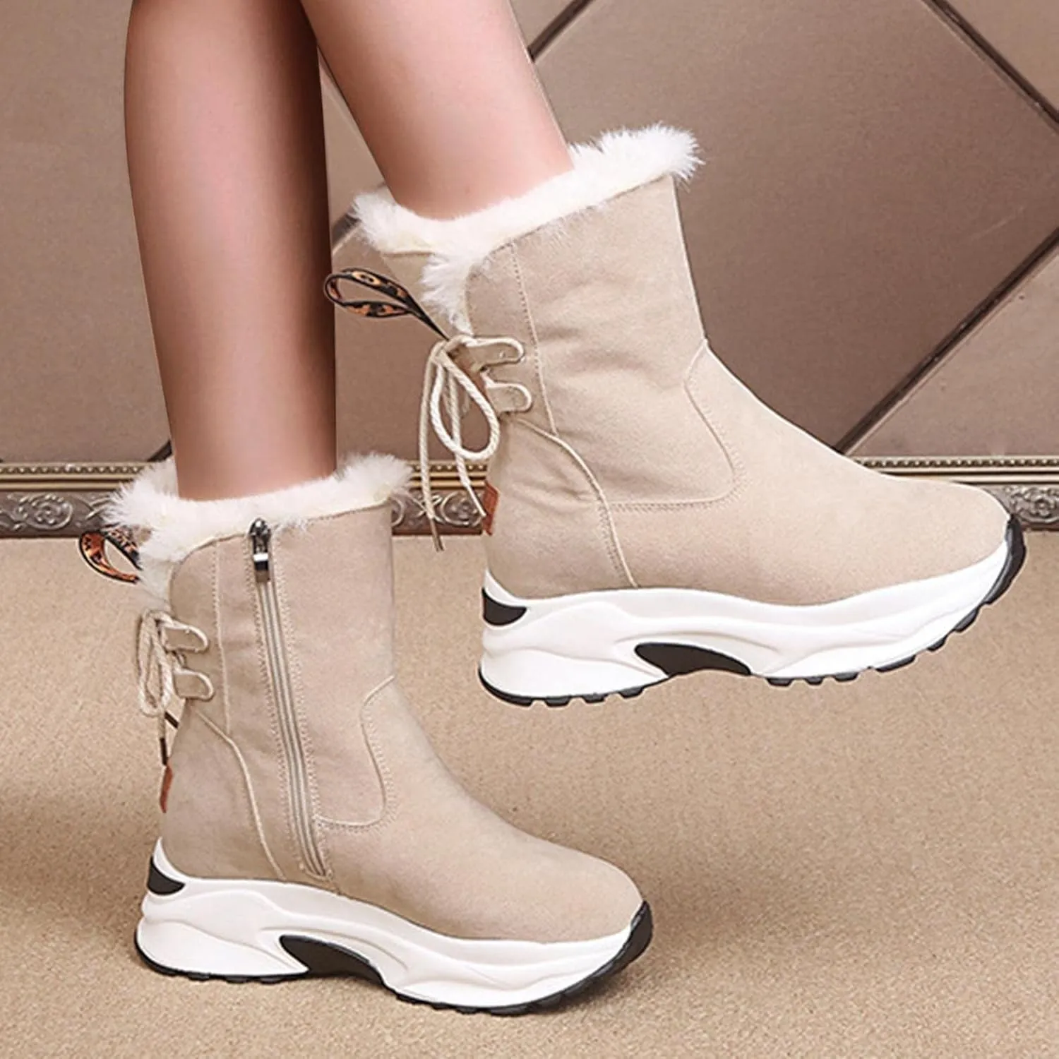 Bcshiye Women's Winter Snow Boots Round Toe Fur Lined Warm Boot Outdoor Fashion Hidden Wedge Platform Sneakers Booties