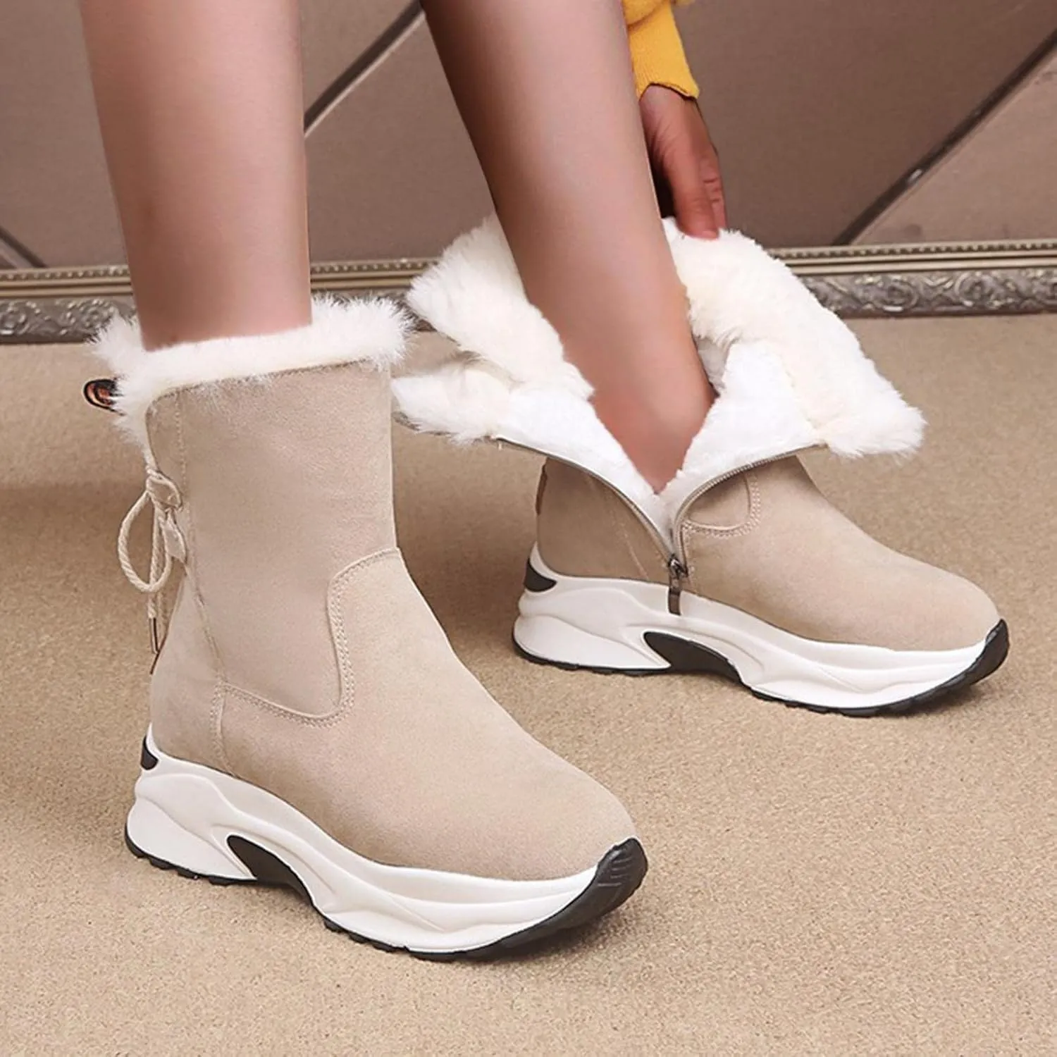 Bcshiye Women's Winter Snow Boots Round Toe Fur Lined Warm Boot Outdoor Fashion Hidden Wedge Platform Sneakers Booties