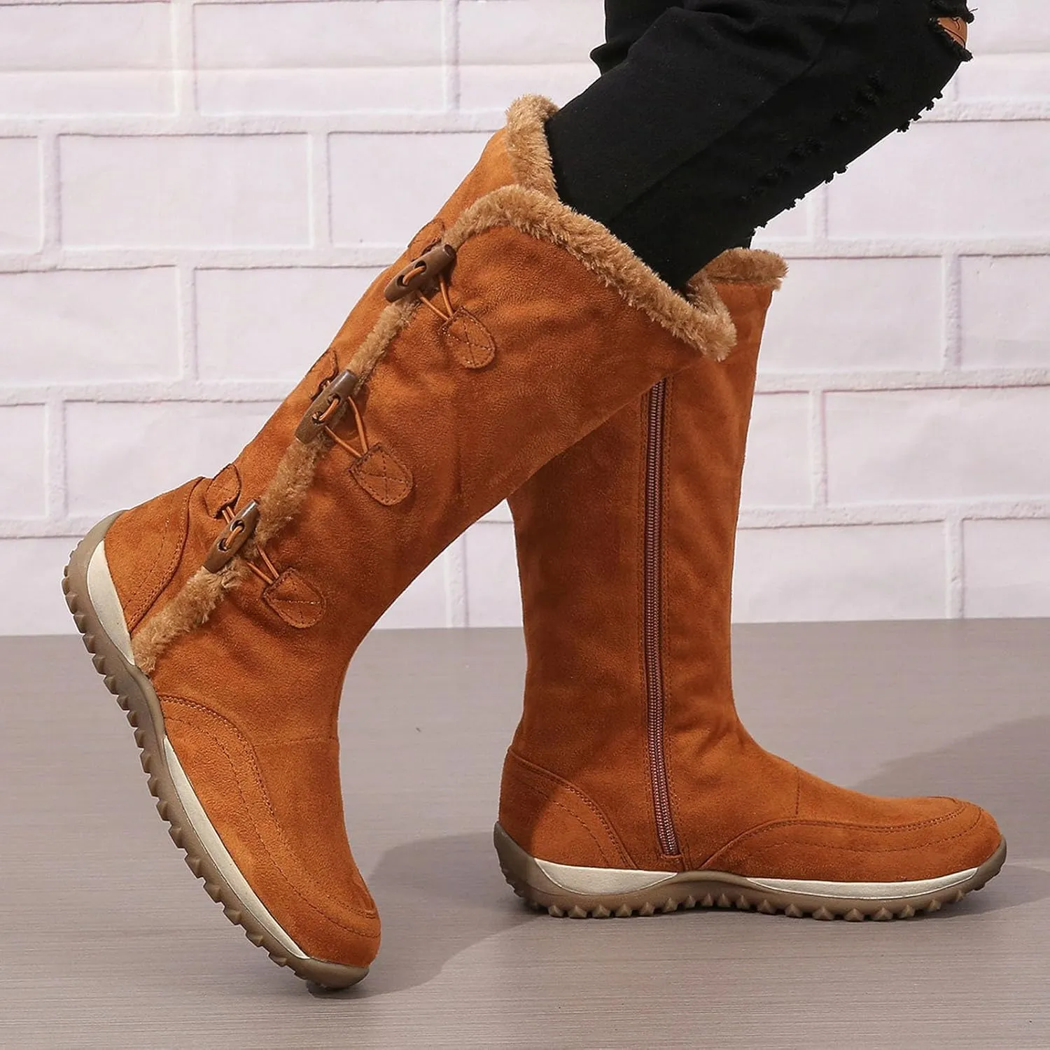 Boots for Women Adjustable Elastic Buckle Fur Lined Mid Calf Snow Boots Lug Sole Warm Insulated Fashion Womens Boots