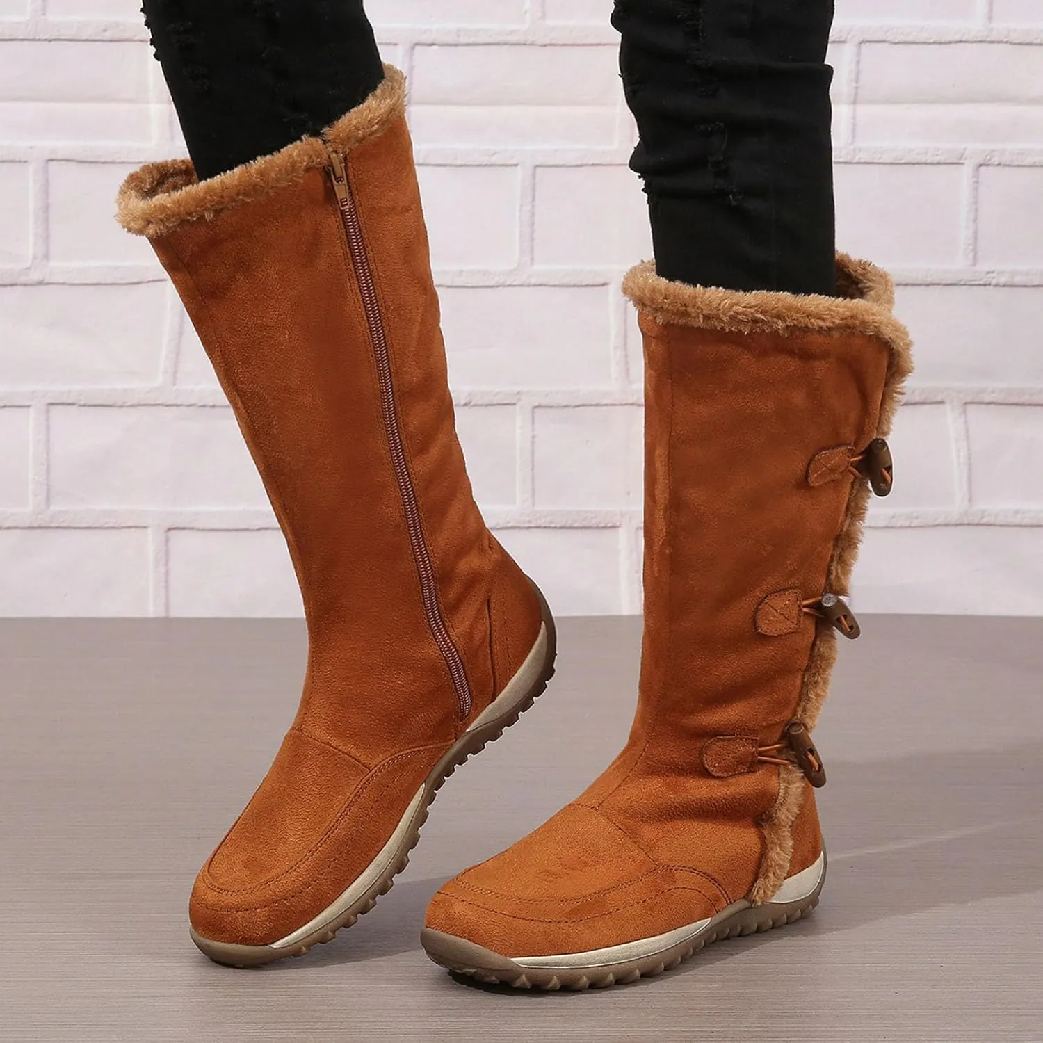 Boots for Women Adjustable Elastic Buckle Fur Lined Mid Calf Snow Boots Lug Sole Warm Insulated Fashion Womens Boots