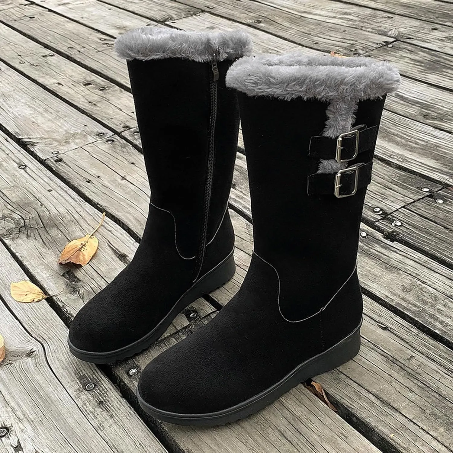 Boots for Women Fur Lined Zipper Buckle Straps Mid Calf Snow Boots Lug Sole Warm Insulated Comfortable Women Boots