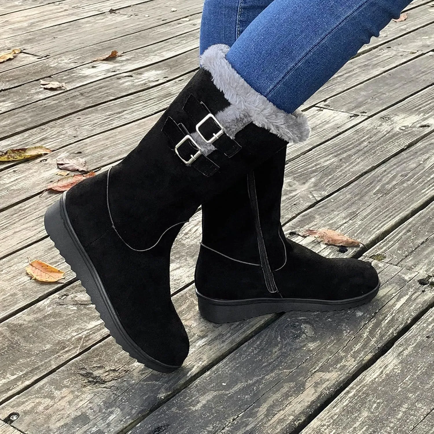 Boots for Women Fur Lined Zipper Buckle Straps Mid Calf Snow Boots Lug Sole Warm Insulated Comfortable Women Boots