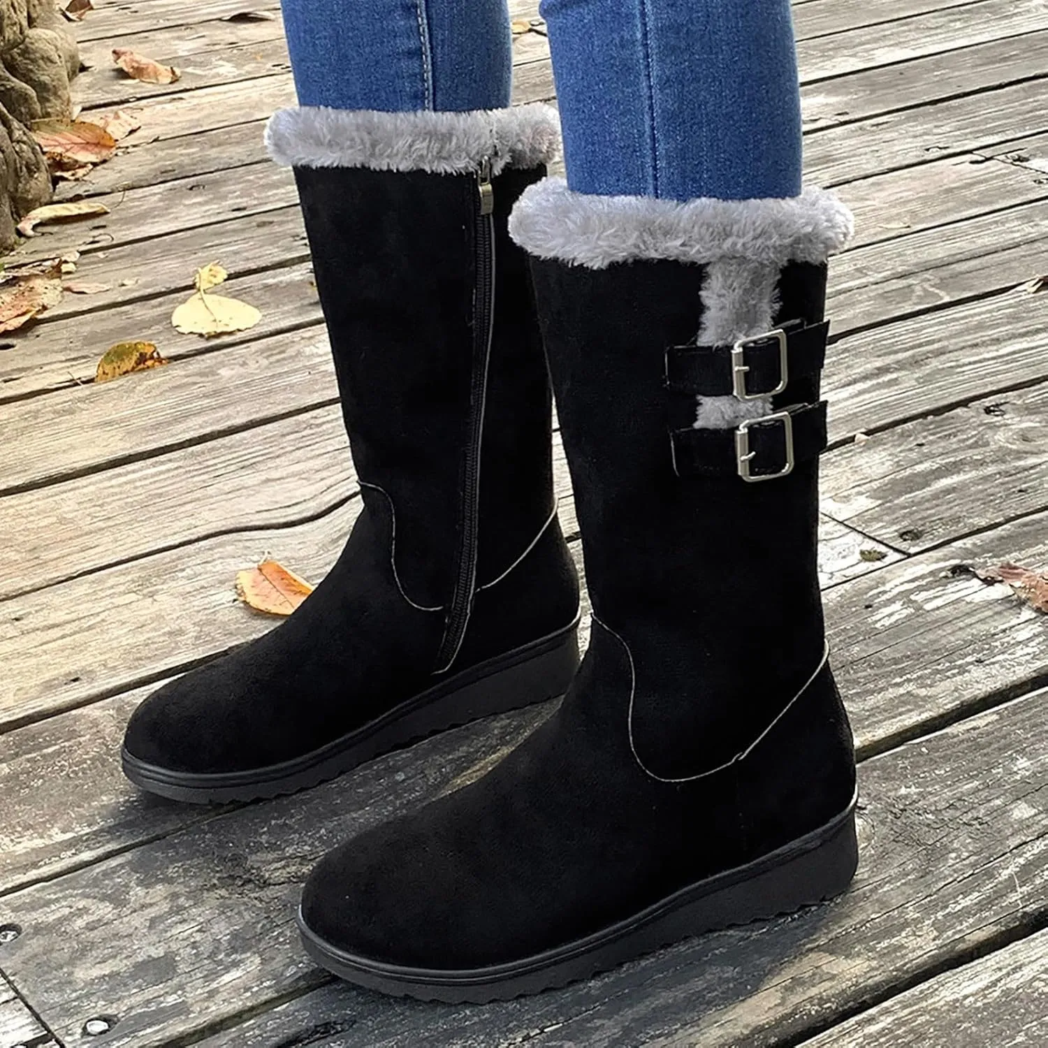 Boots for Women Fur Lined Zipper Buckle Straps Mid Calf Snow Boots Lug Sole Warm Insulated Comfortable Women Boots