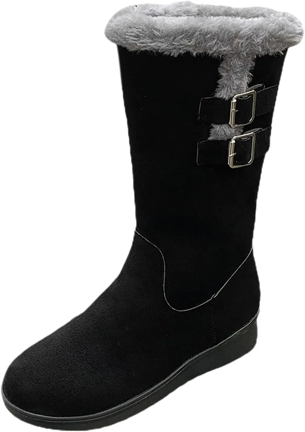 Boots for Women Fur Lined Zipper Buckle Straps Mid Calf Snow Boots Lug Sole Warm Insulated Comfortable Women Boots