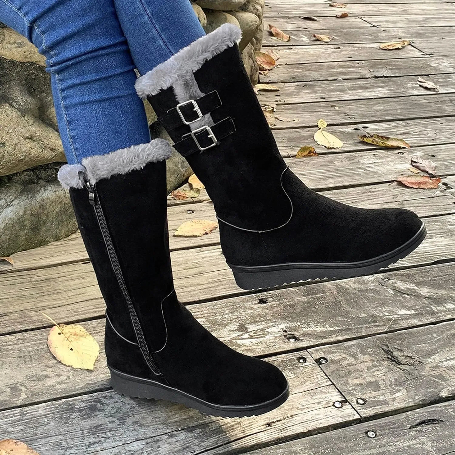 Boots for Women Fur Lined Zipper Buckle Straps Mid Calf Snow Boots Lug Sole Warm Insulated Comfortable Women Boots