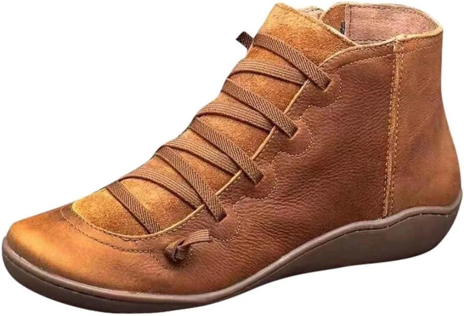 Boots for Women Retro Leather Round Toe Lace up Side Zipper Womens Boots Flat Soft Comfortable Winter Boots for Women