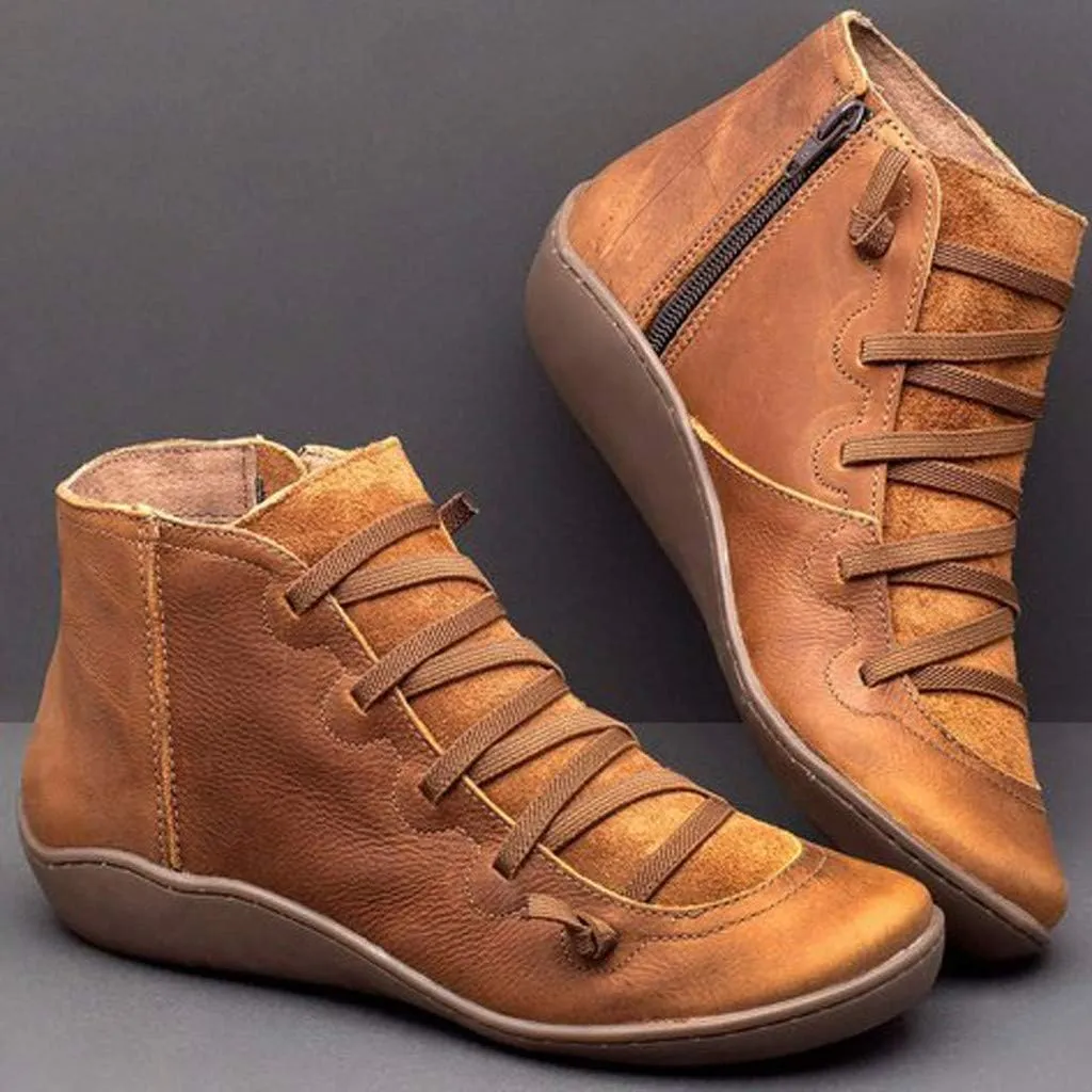 Boots for Women Retro Leather Round Toe Lace up Side Zipper Womens Boots Flat Soft Comfortable Winter Boots for Women