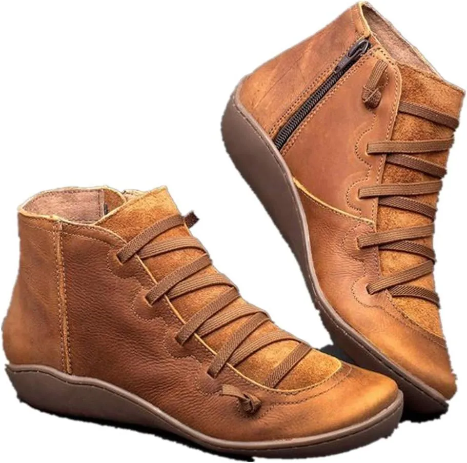 Boots for Women Retro Leather Round Toe Lace up Side Zipper Womens Boots Flat Soft Comfortable Winter Boots for Women