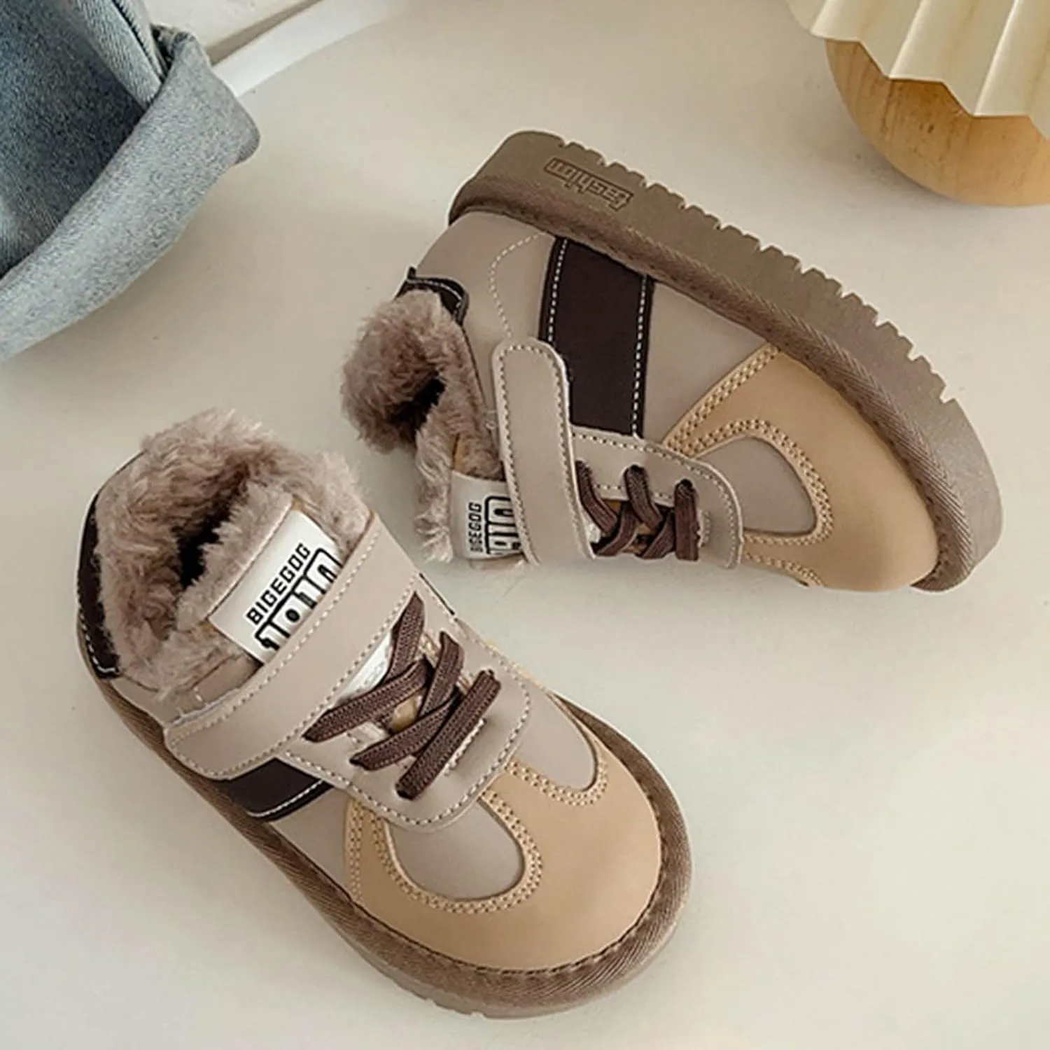 Boy Walking Shoes Non Slip Slip On Sneaker Plush Lined Hiking Boots Lace Up Snow Ankle Boots Platform Boots