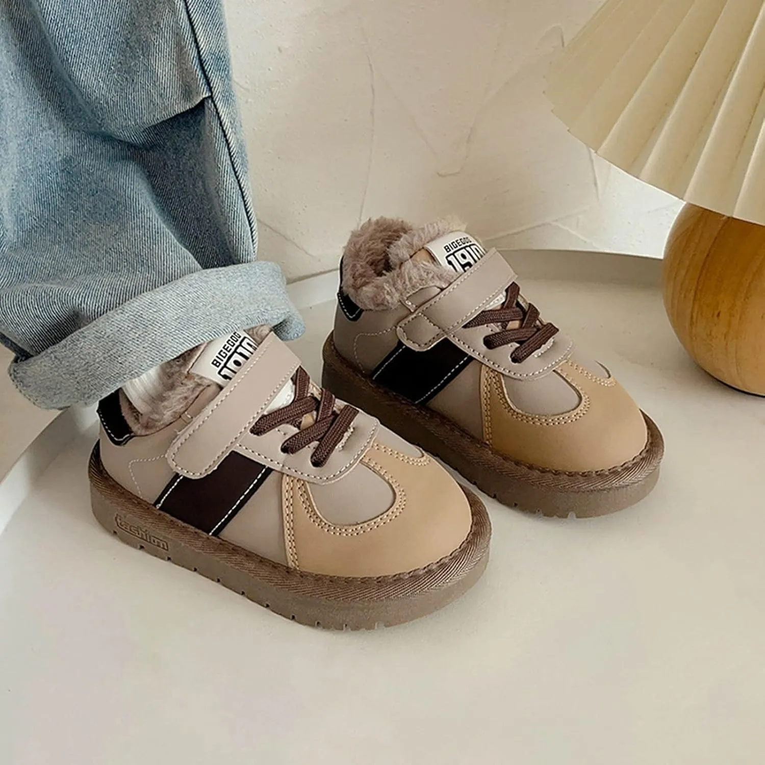 Boy Walking Shoes Non Slip Slip On Sneaker Plush Lined Hiking Boots Lace Up Snow Ankle Boots Platform Boots