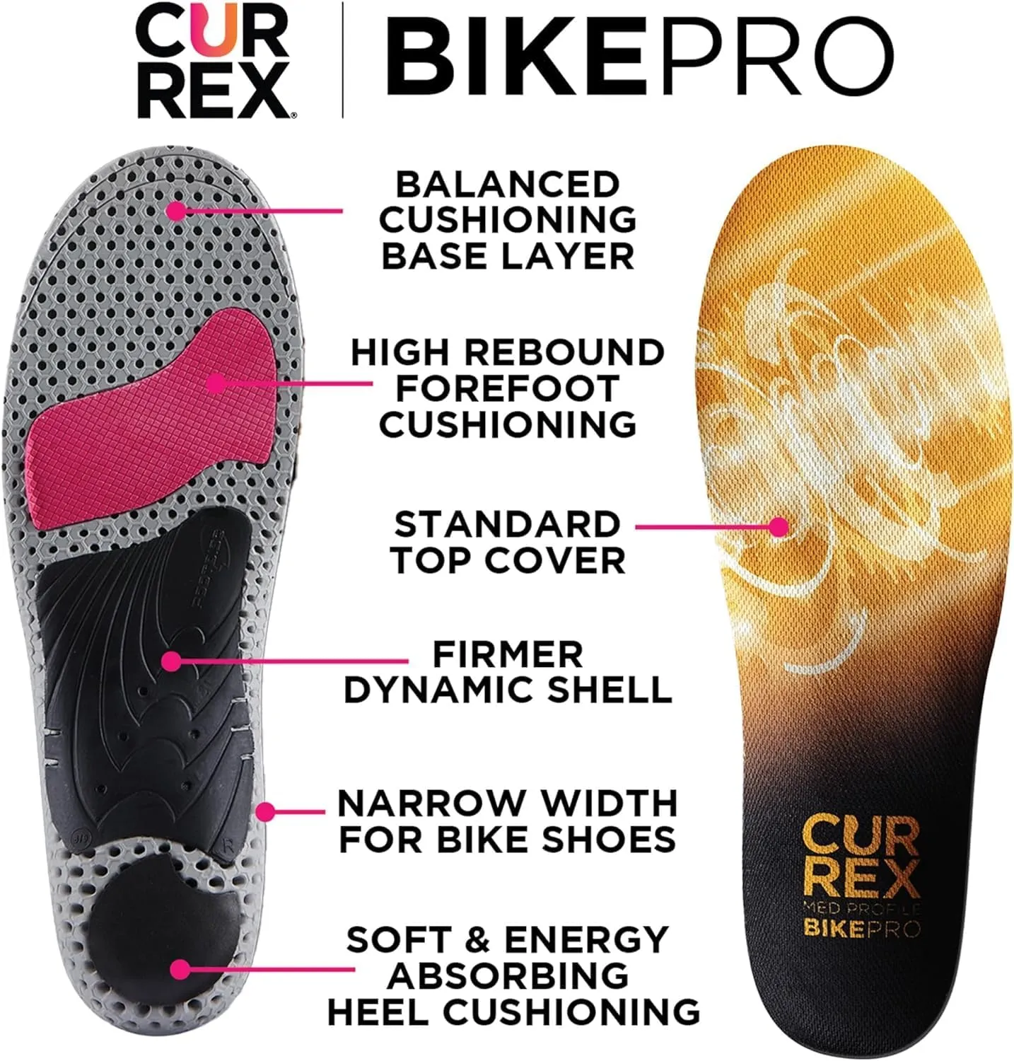 CURREX BikePro Insoles for Cycling, Bicycle & Motorcycle Riding – Arch Support Shoe Inserts w/Metatarsal Pads, Helps Reduce Fatigue   Improve Stability & Fit – for Men & Women – Medium Arch, Large