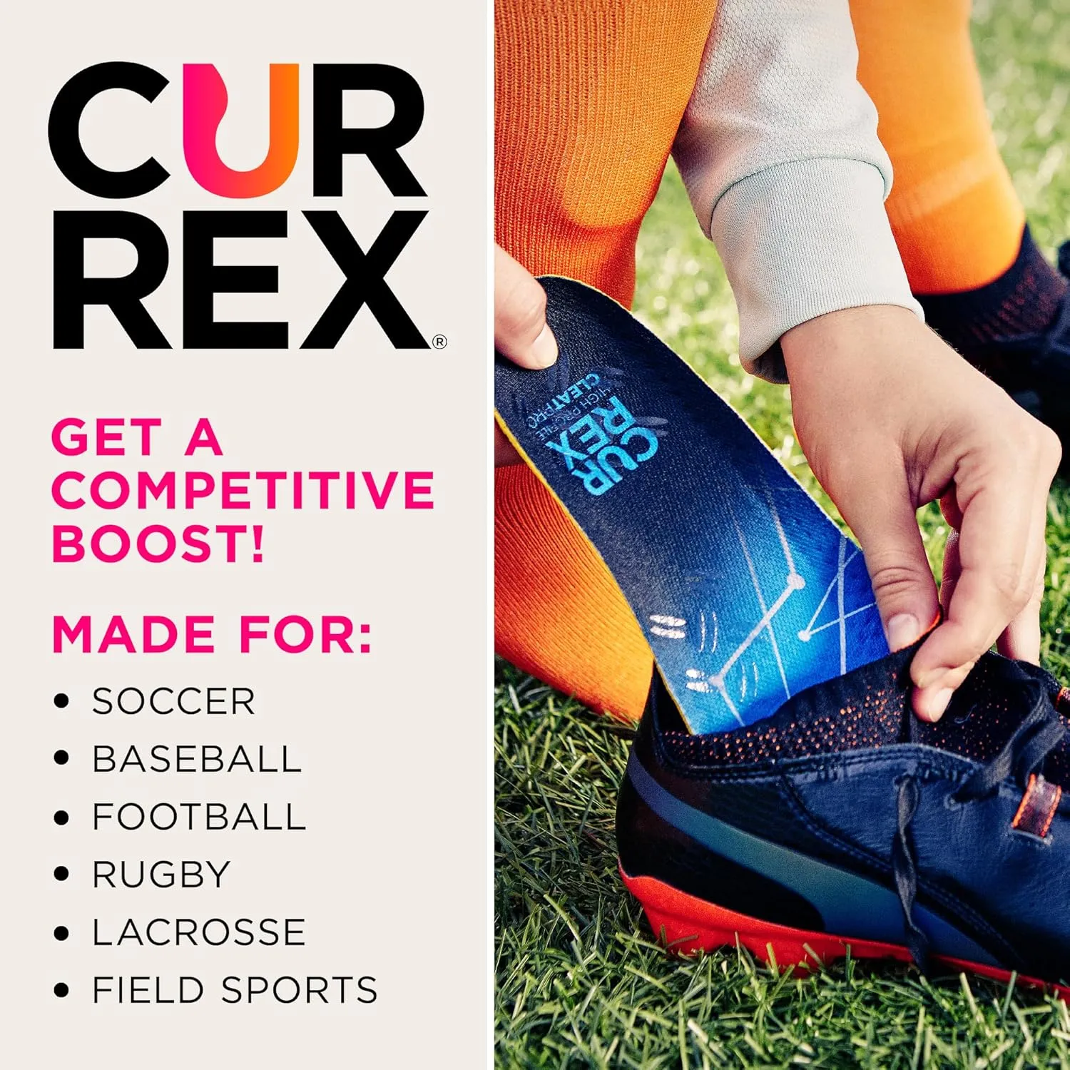 CURREX CLEATPRO - Thin, Arch Support Insoles, Comfort, Cushion and Stability in Cleats, Soccer, Football, Baseball, Softball, Super Grip for Control, Shock Absorbing Inserts, Men and Women