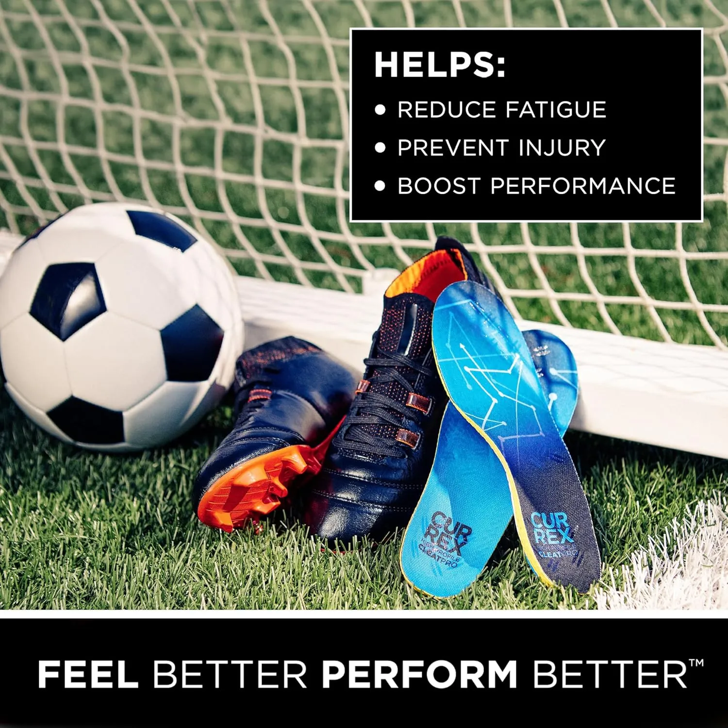 CURREX CLEATPRO - Thin, Arch Support Insoles, Comfort, Cushion and Stability in Cleats, Soccer, Football, Baseball, Softball, Super Grip for Control, Shock Absorbing Inserts, Men and Women
