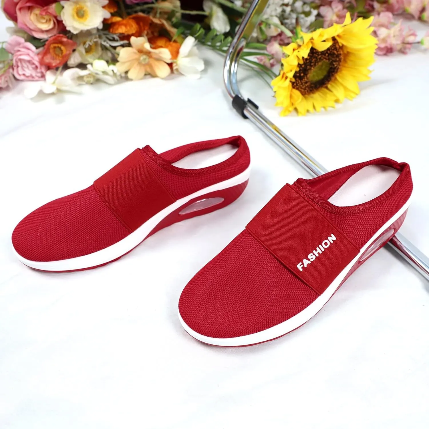 Diabetic Air-Cushion Slip-On Walking Shoes Mules for Women 2025 Casual Mesh Summer Slip-On Breathable Slippers Closed Toe Slides with Arch-Support