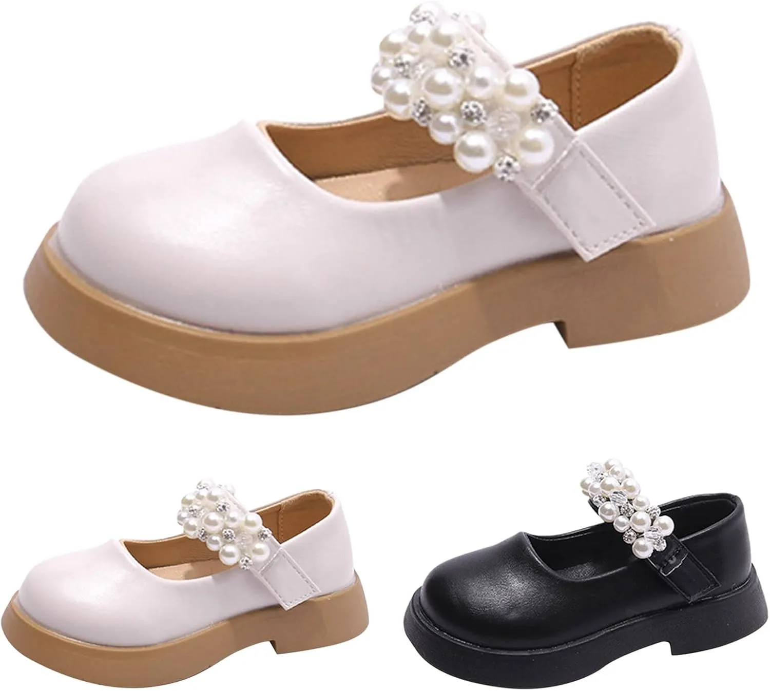 Fashion All Season Children Casual Shoes For Girls Flat Soles Thick Soles Solid Pearl Hook Loop Leather Toddler Boots