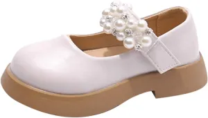 Fashion All Season Children Casual Shoes For Girls Flat Soles Thick Soles Solid Pearl Hook Loop Leather Toddler Boots