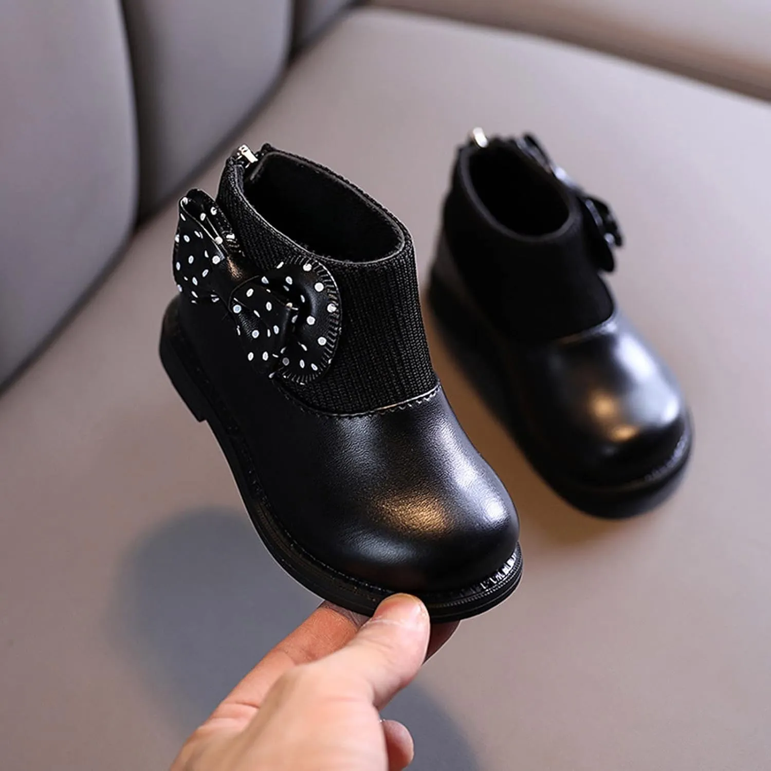 Fashion Autumn and Winter Girls Boots Round Toe Flat Sole Thick Sole Non Slip Back Zipper Cute Polka Girl Shoes Size 13