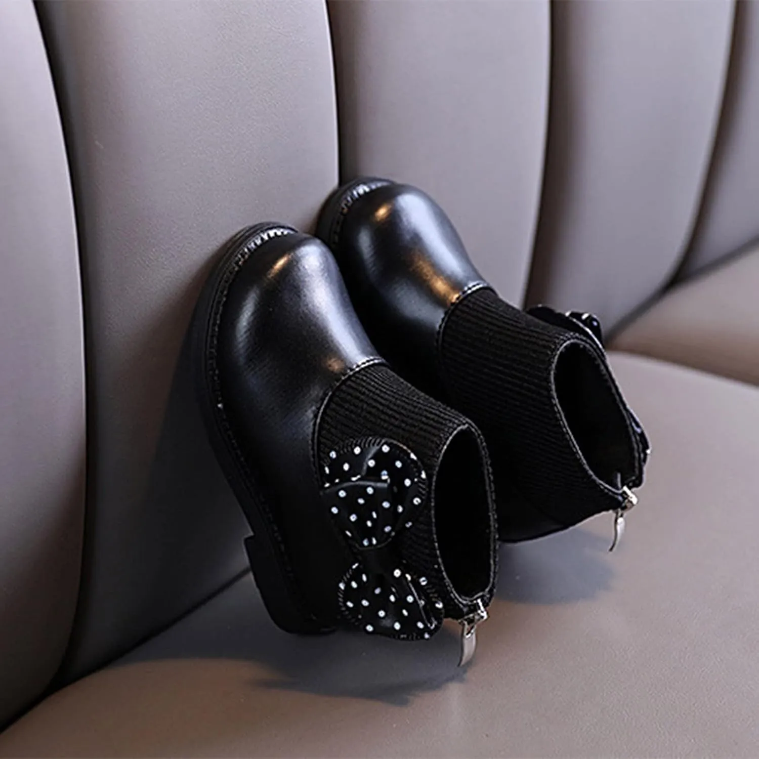 Fashion Autumn and Winter Girls Boots Round Toe Flat Sole Thick Sole Non Slip Back Zipper Cute Polka Girl Shoes Size 13