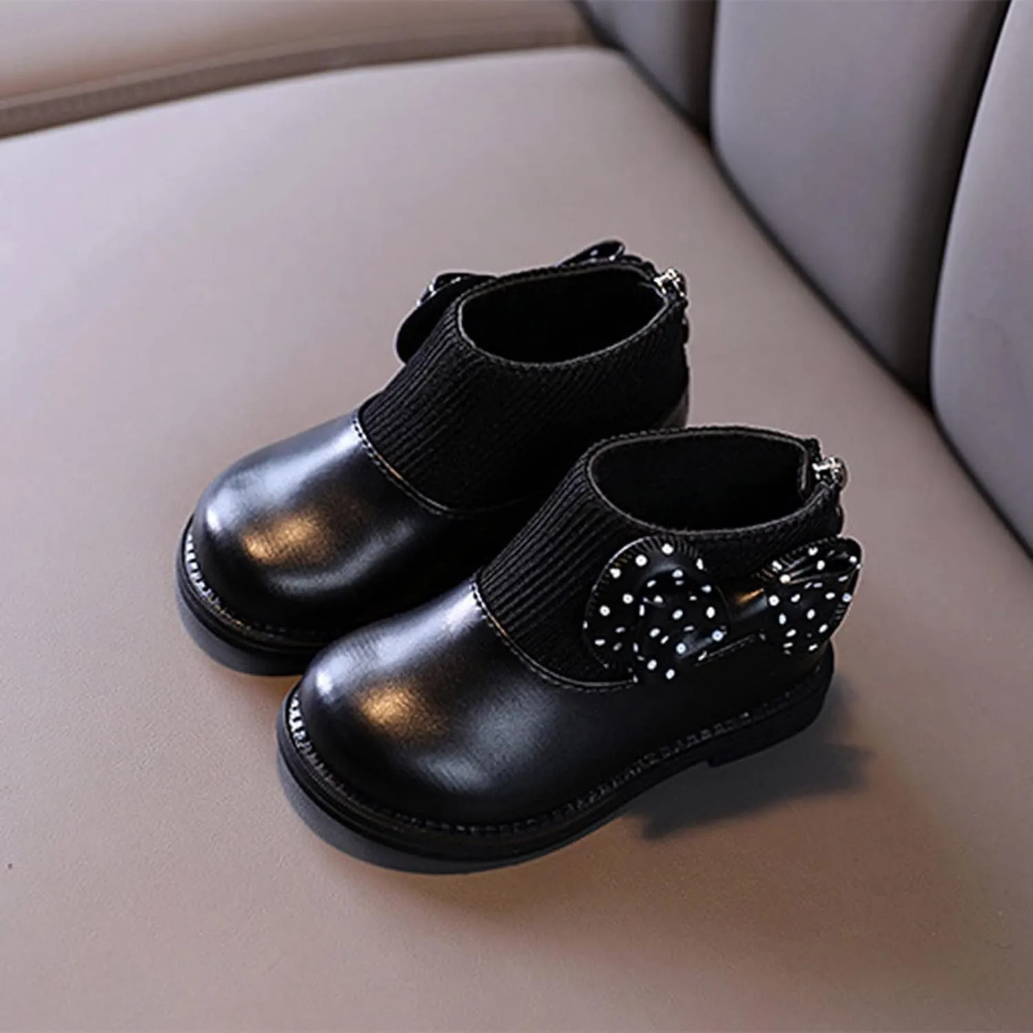 Fashion Autumn and Winter Girls Boots Round Toe Flat Sole Thick Sole Non Slip Back Zipper Cute Polka Girl Shoes Size 13