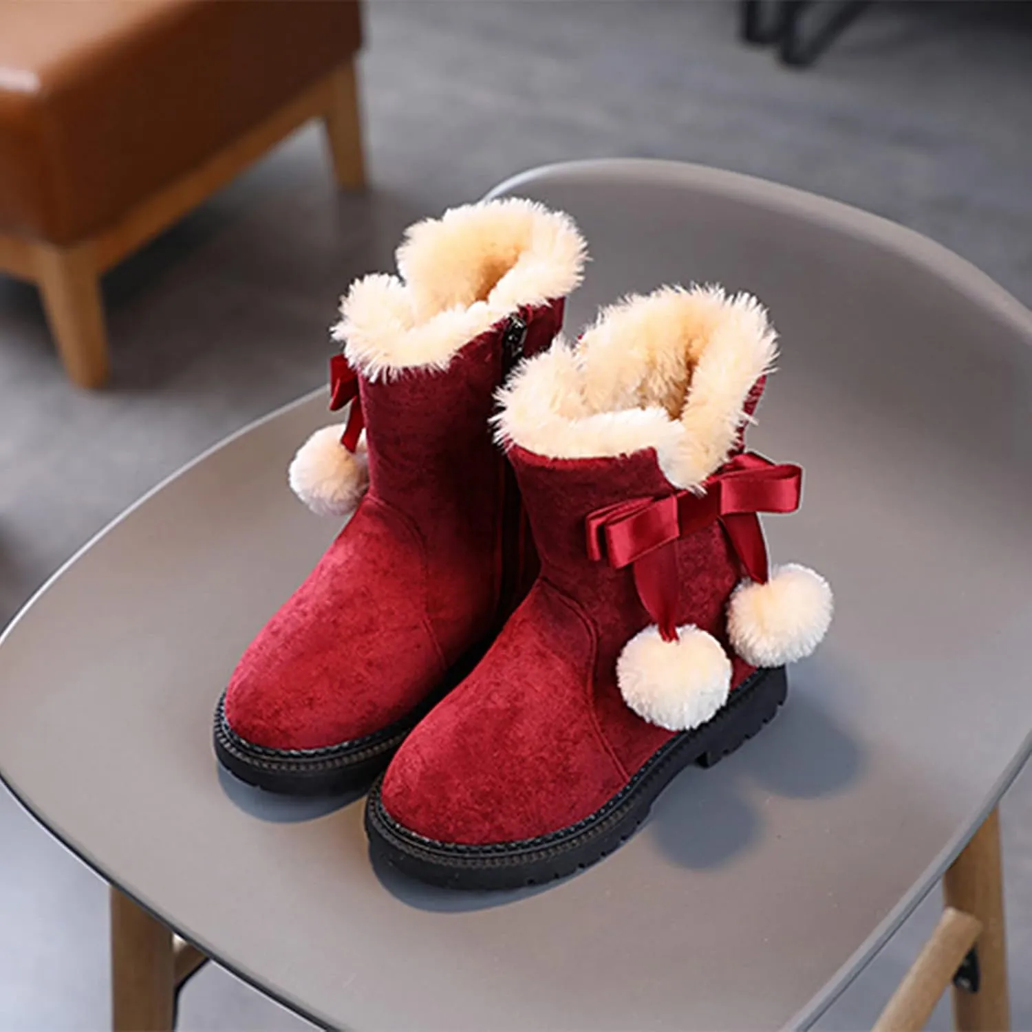 Fuzzy Lined Snow Booties For Toddler Baby Kids Girls Fleece Warm Boots With Side Zipper Winter Outdoor Slip On Shoes