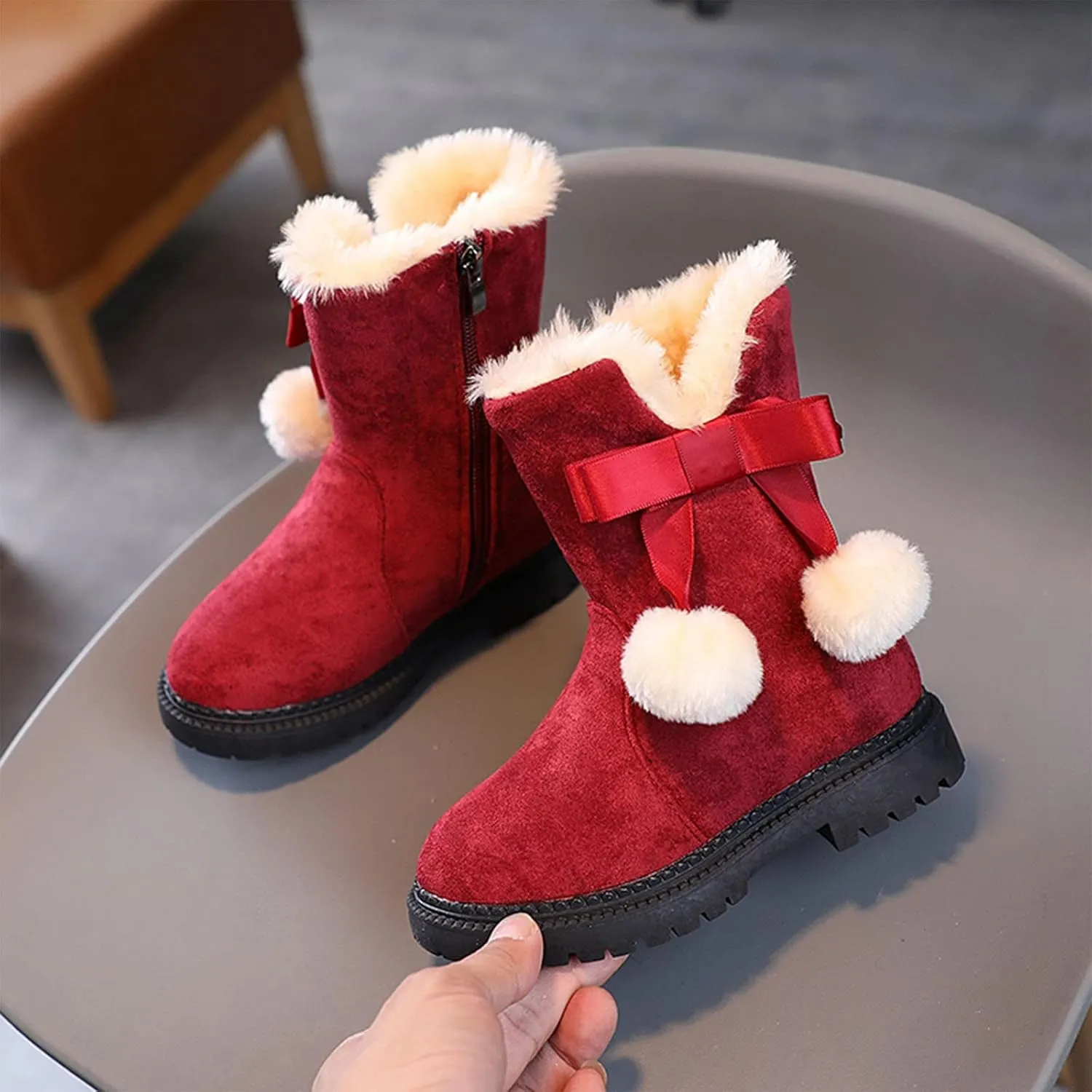 Fuzzy Lined Snow Booties For Toddler Baby Kids Girls Fleece Warm Boots With Side Zipper Winter Outdoor Slip On Shoes