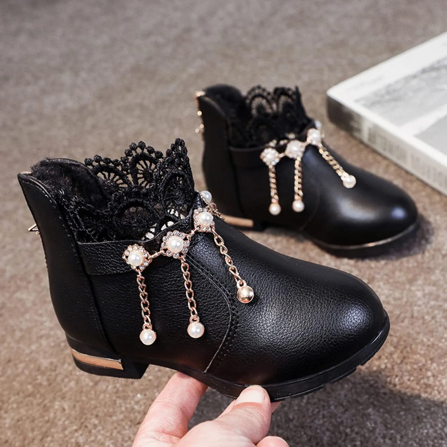 Girl Boots Kids Ankle Boots Pearls Zipper Boots Low Heel Short Booties Anti-Slip Shoes Dressy Shoes for Kids