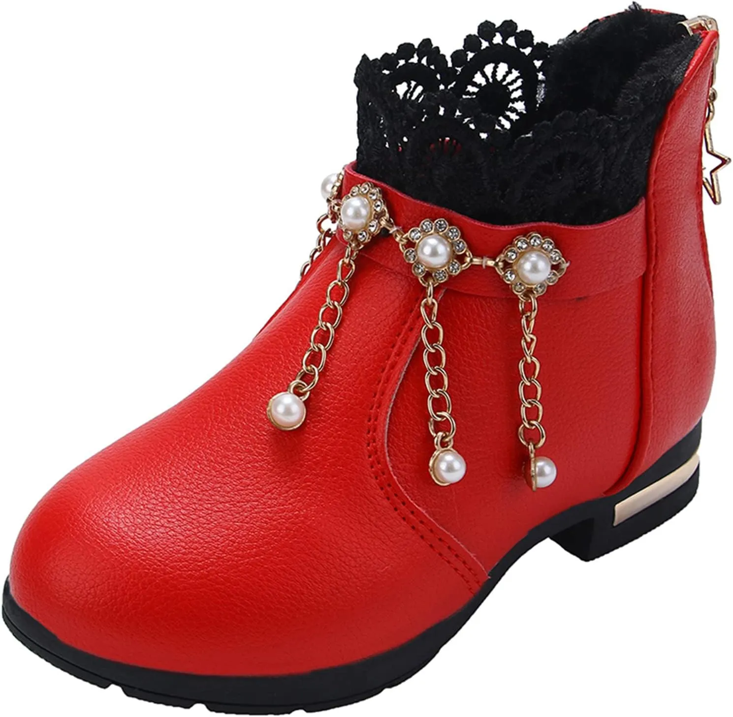 Girl Boots Kids Ankle Boots Pearls Zipper Boots Low Heel Short Booties Anti-Slip Shoes Dressy Shoes for Kids
