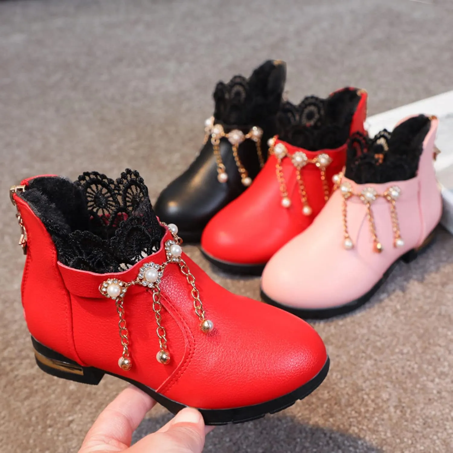Girl Boots Kids Ankle Boots Pearls Zipper Boots Low Heel Short Booties Anti-Slip Shoes Dressy Shoes for Kids