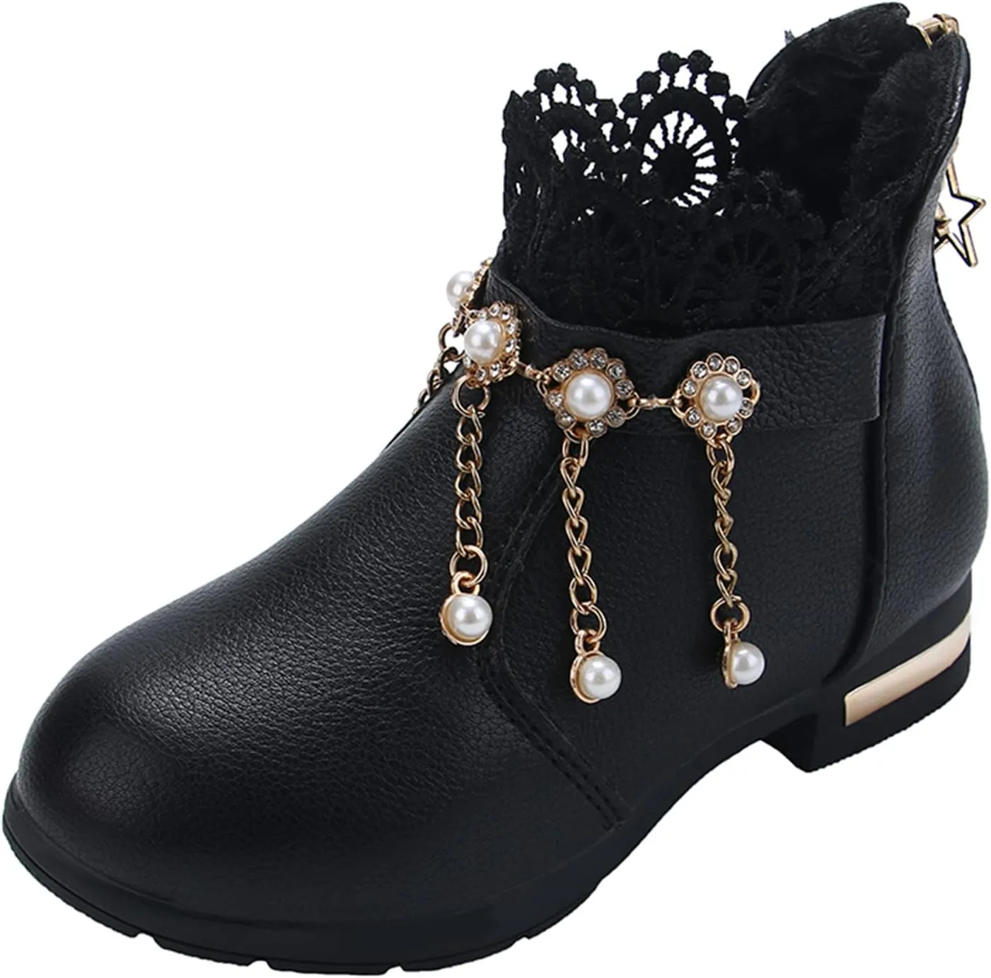Girl Boots Kids Ankle Boots Pearls Zipper Boots Low Heel Short Booties Anti-Slip Shoes Dressy Shoes for Kids