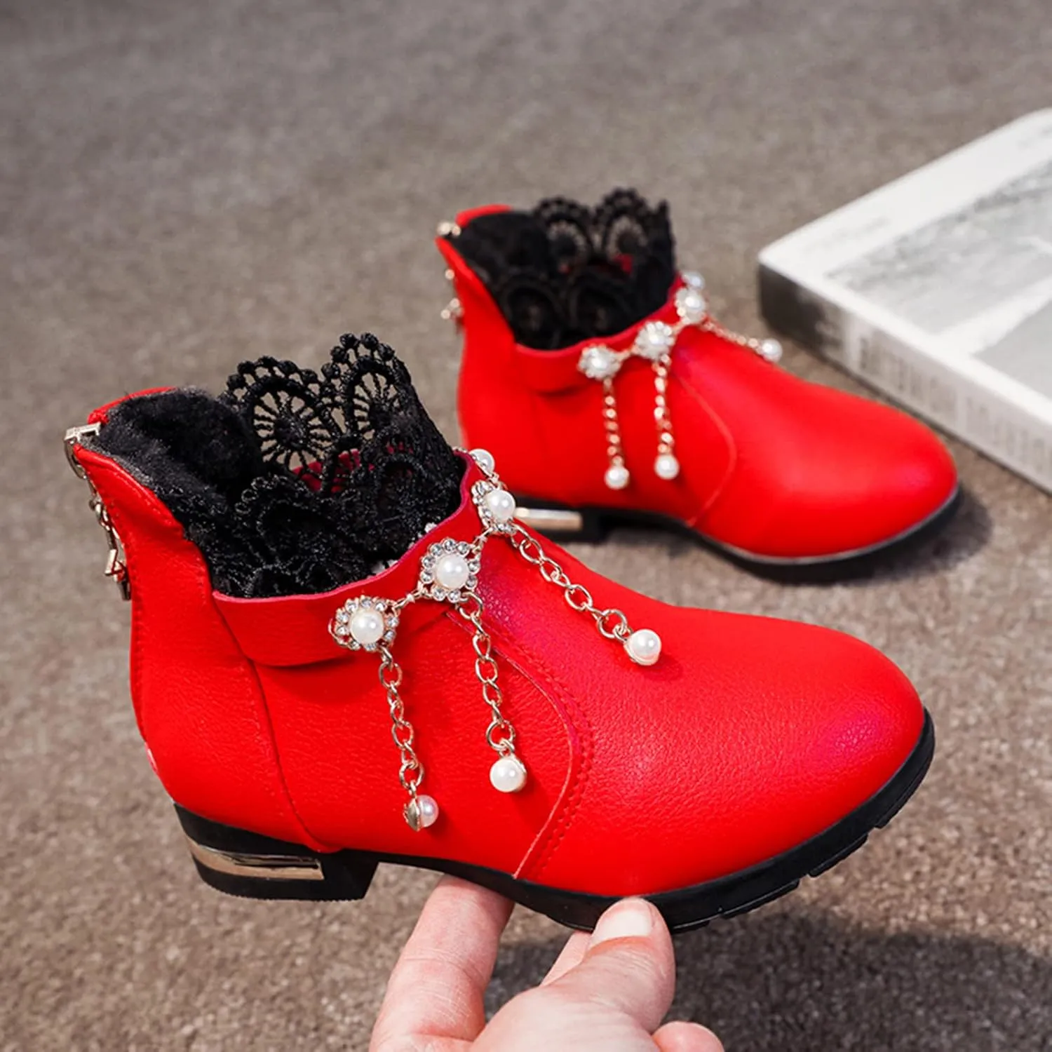 Girl Boots Kids Ankle Boots Pearls Zipper Boots Low Heel Short Booties Anti-Slip Shoes Dressy Shoes for Kids