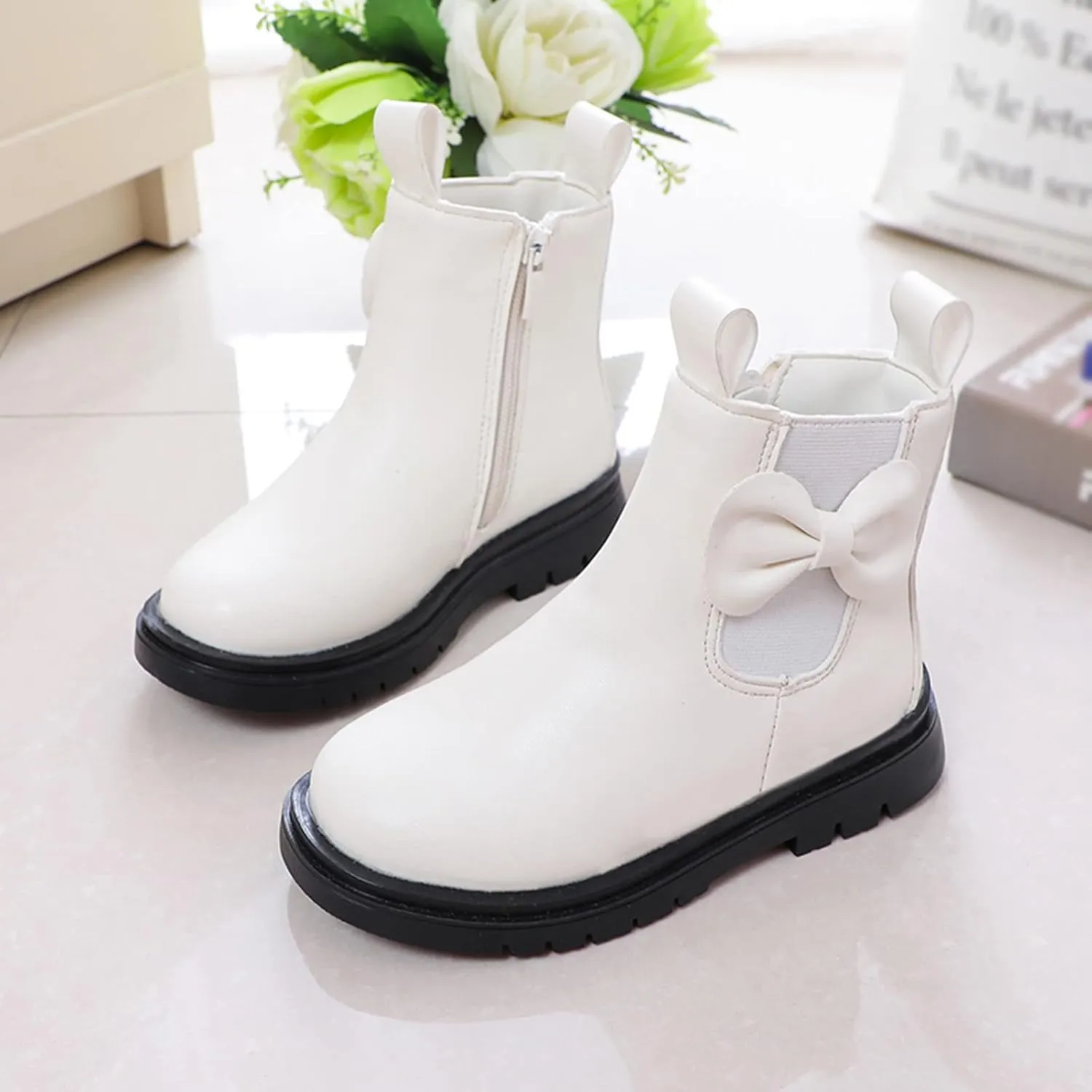 Girls Ankle Boots Leather Boots with Bow Kids Comfortable Slip on Chelsea Booties for Toddler Kids Winter Shoes