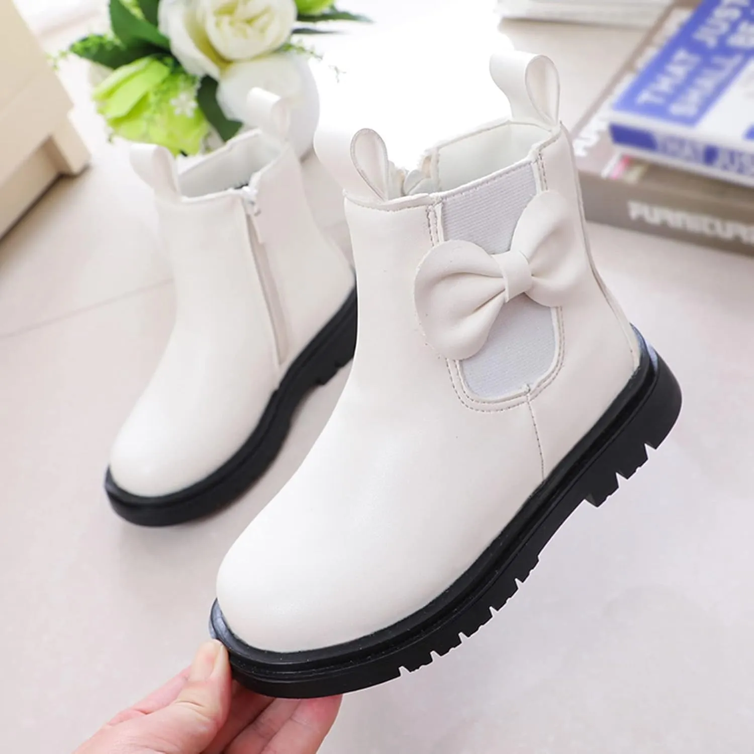 Girls Ankle Boots Leather Boots with Bow Kids Comfortable Slip on Chelsea Booties for Toddler Kids Winter Shoes