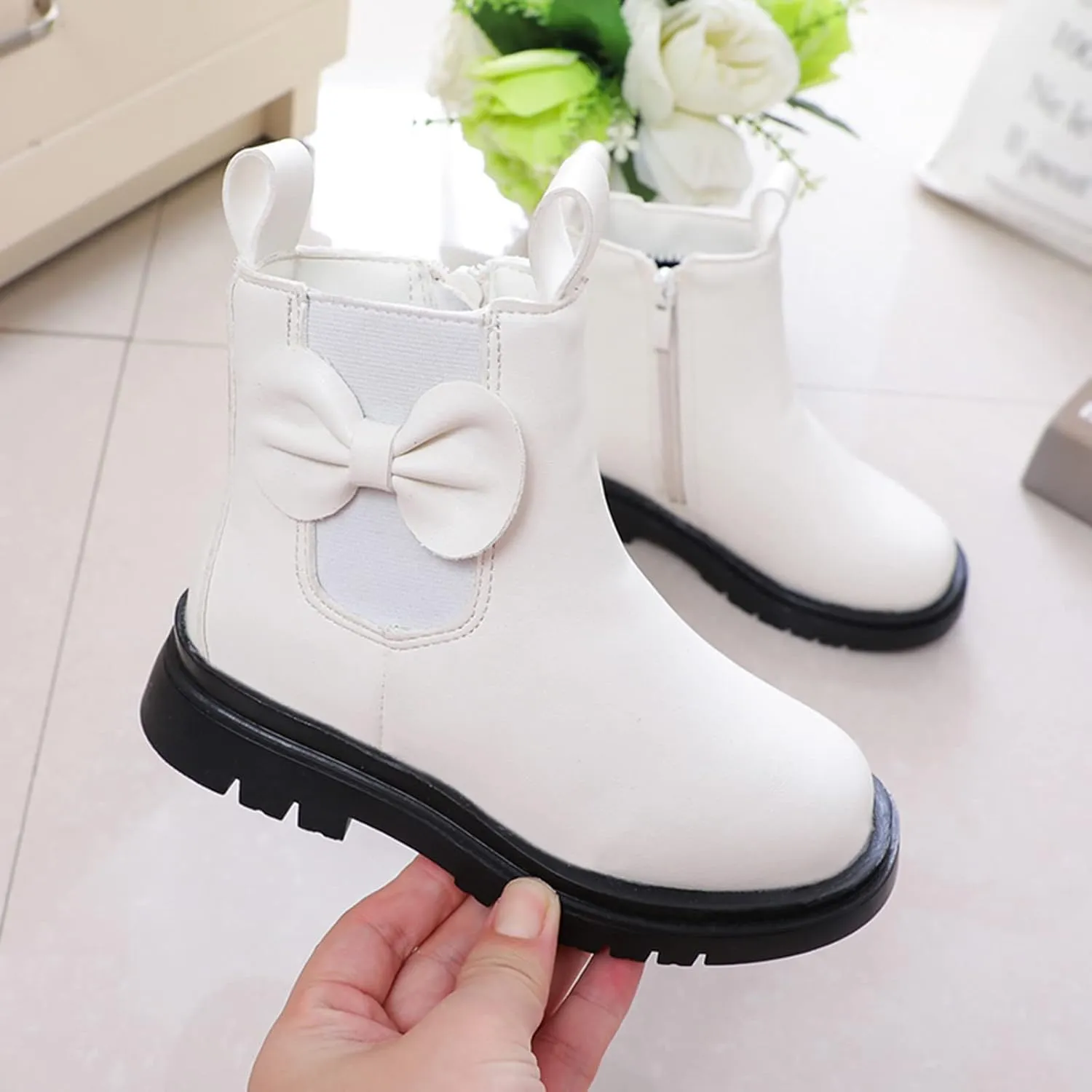 Girls Ankle Boots Leather Boots with Bow Kids Comfortable Slip on Chelsea Booties for Toddler Kids Winter Shoes