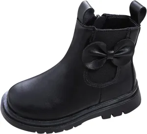 Girls Ankle Boots Leather Boots with Bow Kids Comfortable Slip on Chelsea Booties for Toddler Kids Winter Shoes