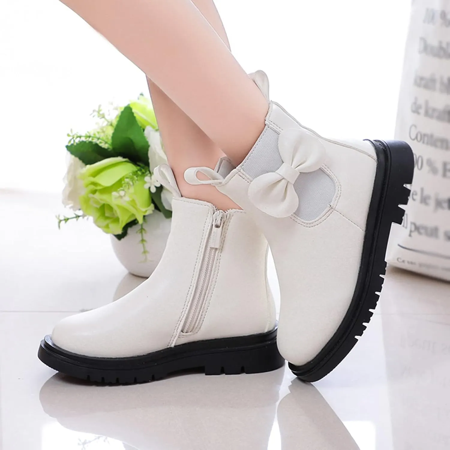 Girls Ankle Boots Leather Boots with Bow Kids Comfortable Slip on Chelsea Booties for Toddler Kids Winter Shoes