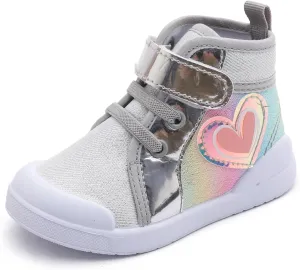 Girls Sneakers Kids High Top Casual Canvas Shoes with Hook & Loop Closure Gradient Color Pinky Heart