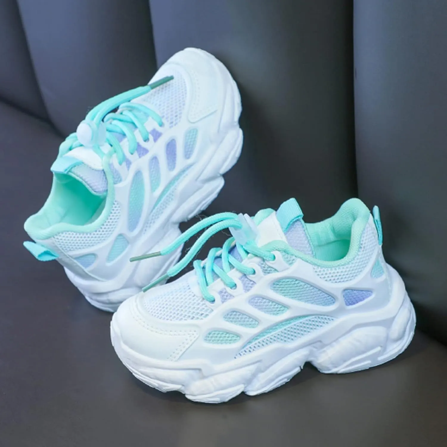 Girls Sneakers Lace up Running Athletic Shoes Lightweight Breathable Jelly Sole Kids Walking Shoes Casual Shoes