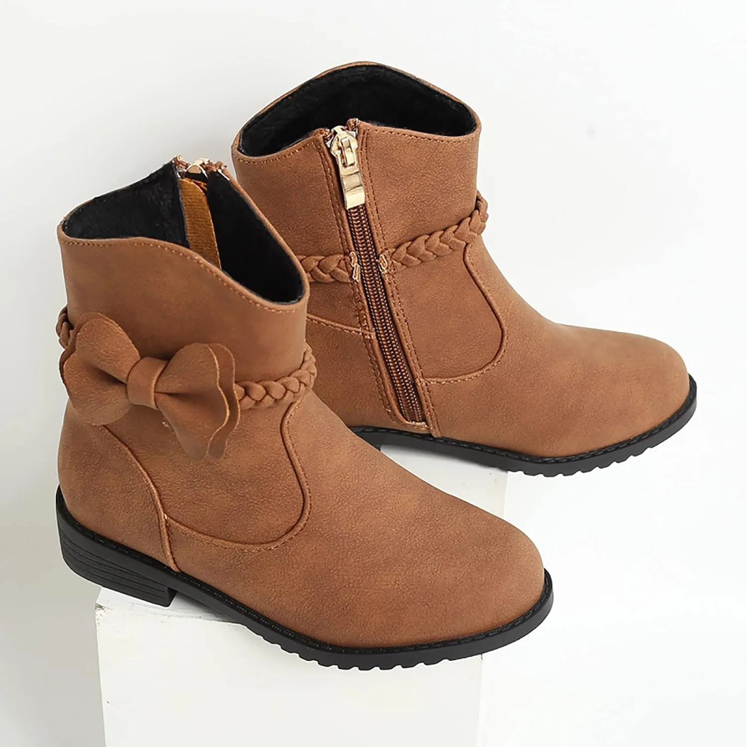 Girls Waterproof Outdoor Side Zipper Ankle Boots Bow Little Kid Low Heel Leather Western Boots Winter Booties
