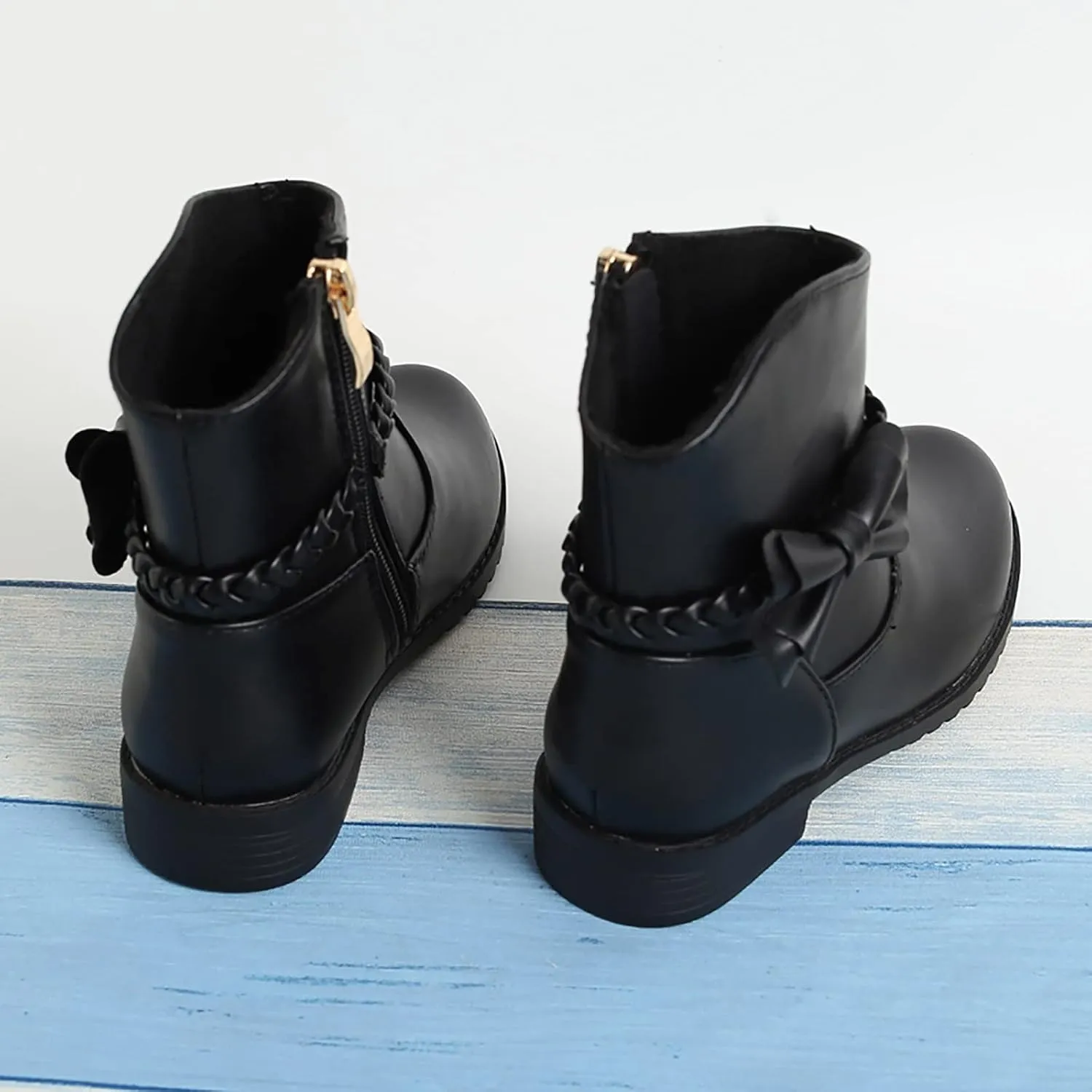 Girls Waterproof Outdoor Side Zipper Ankle Boots Bow Little Kid Low Heel Leather Western Boots Winter Booties