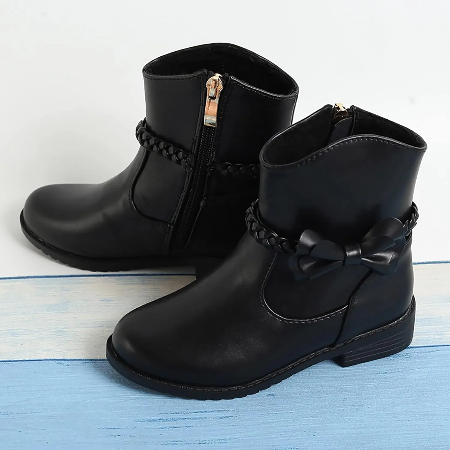 Girls Waterproof Outdoor Side Zipper Ankle Boots Bow Little Kid Low Heel Leather Western Boots Winter Booties